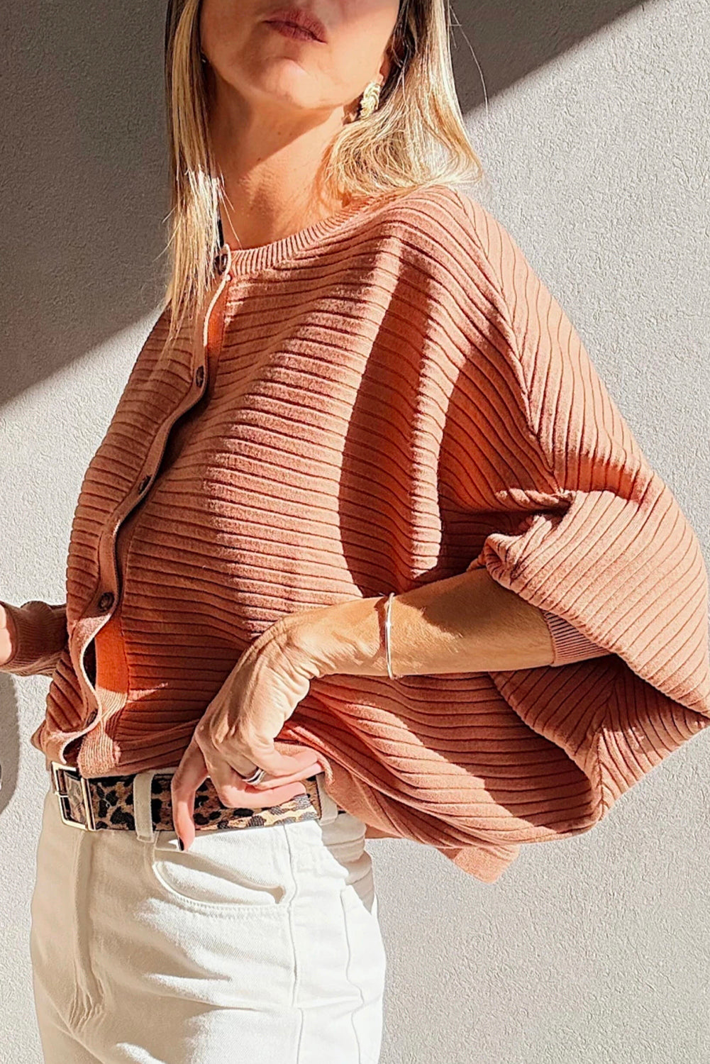 Apricot Pink Rib Knit Dolman Sleeve Cardigan