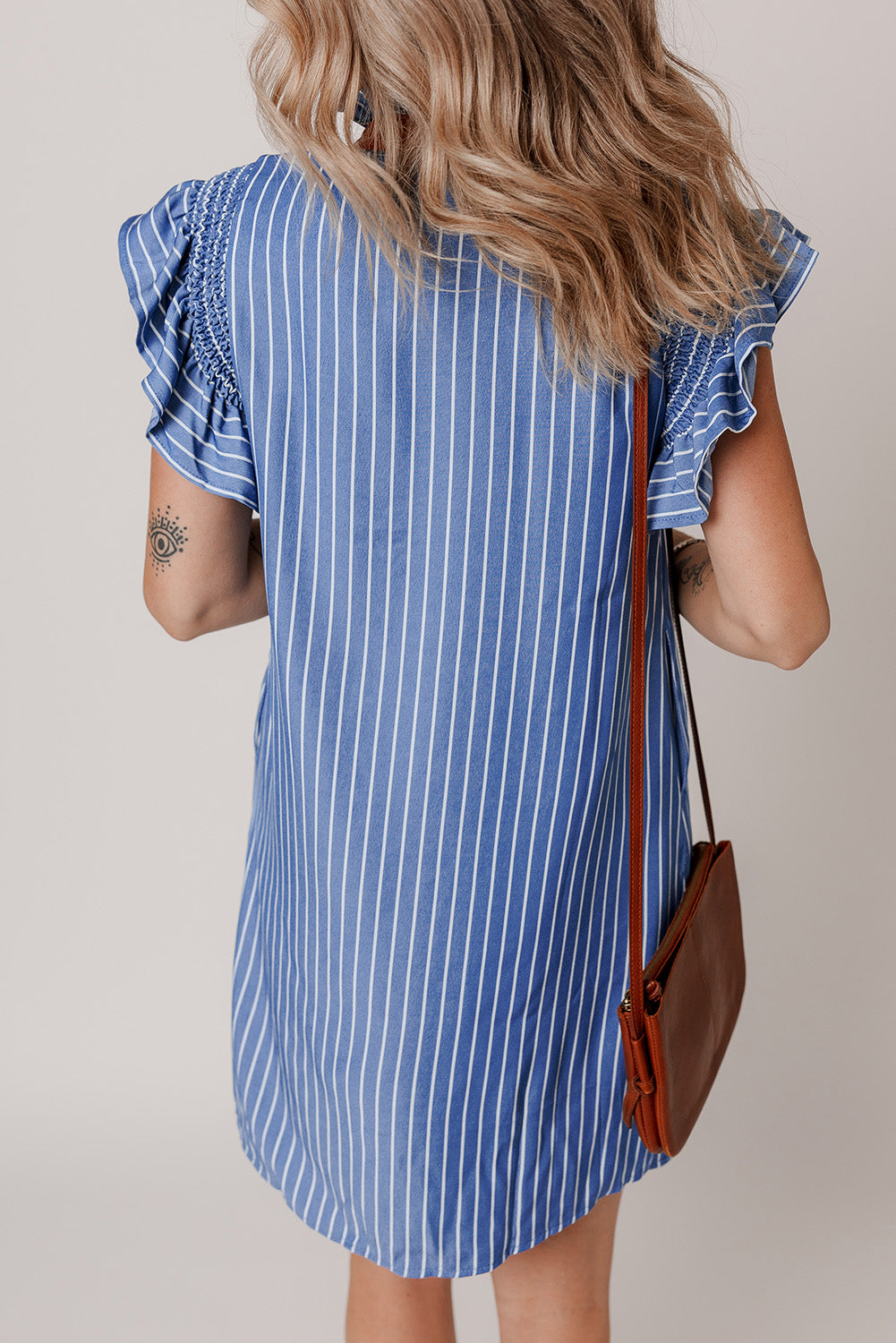 Sky Blue Stripe Ruffle Sleeve Dress