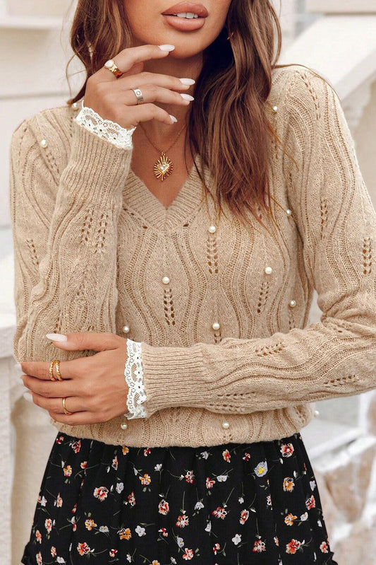 Smoke Gray Pearl Lace Pointelle Sweater