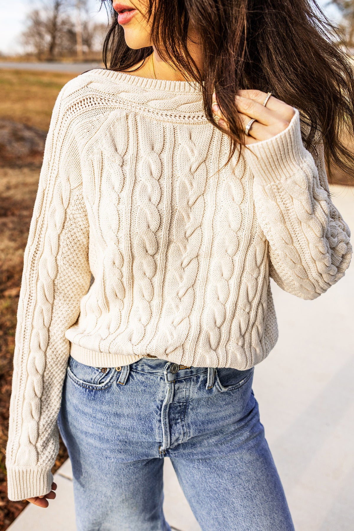 Beige Cable Knit Round-Neck Sweater