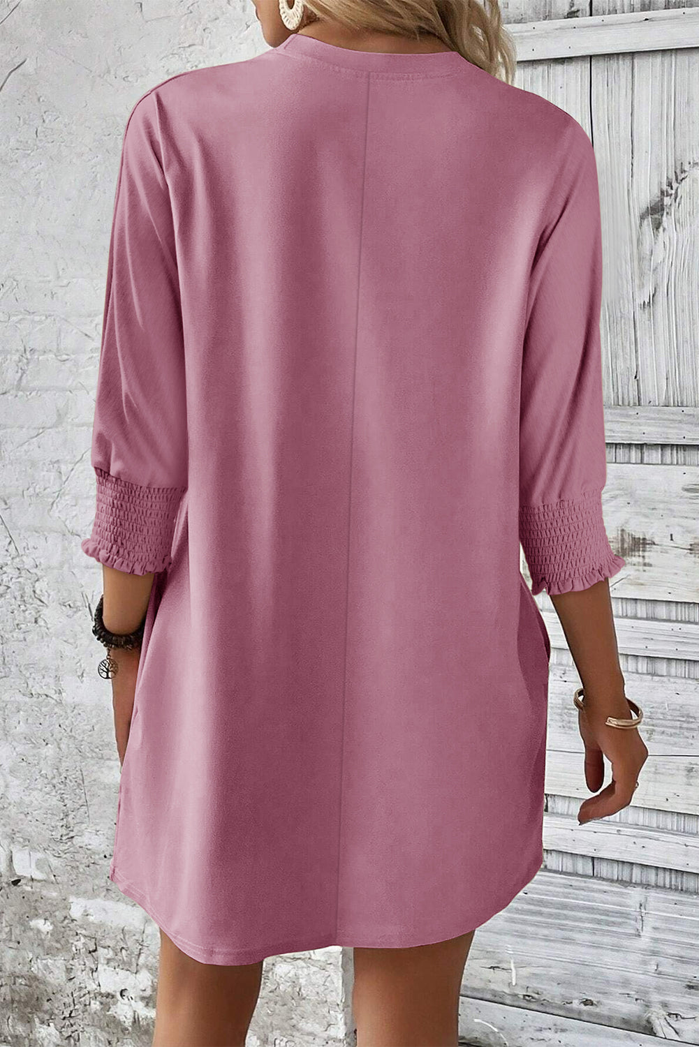 Pink Shirred Cuff T-Shirt Dress