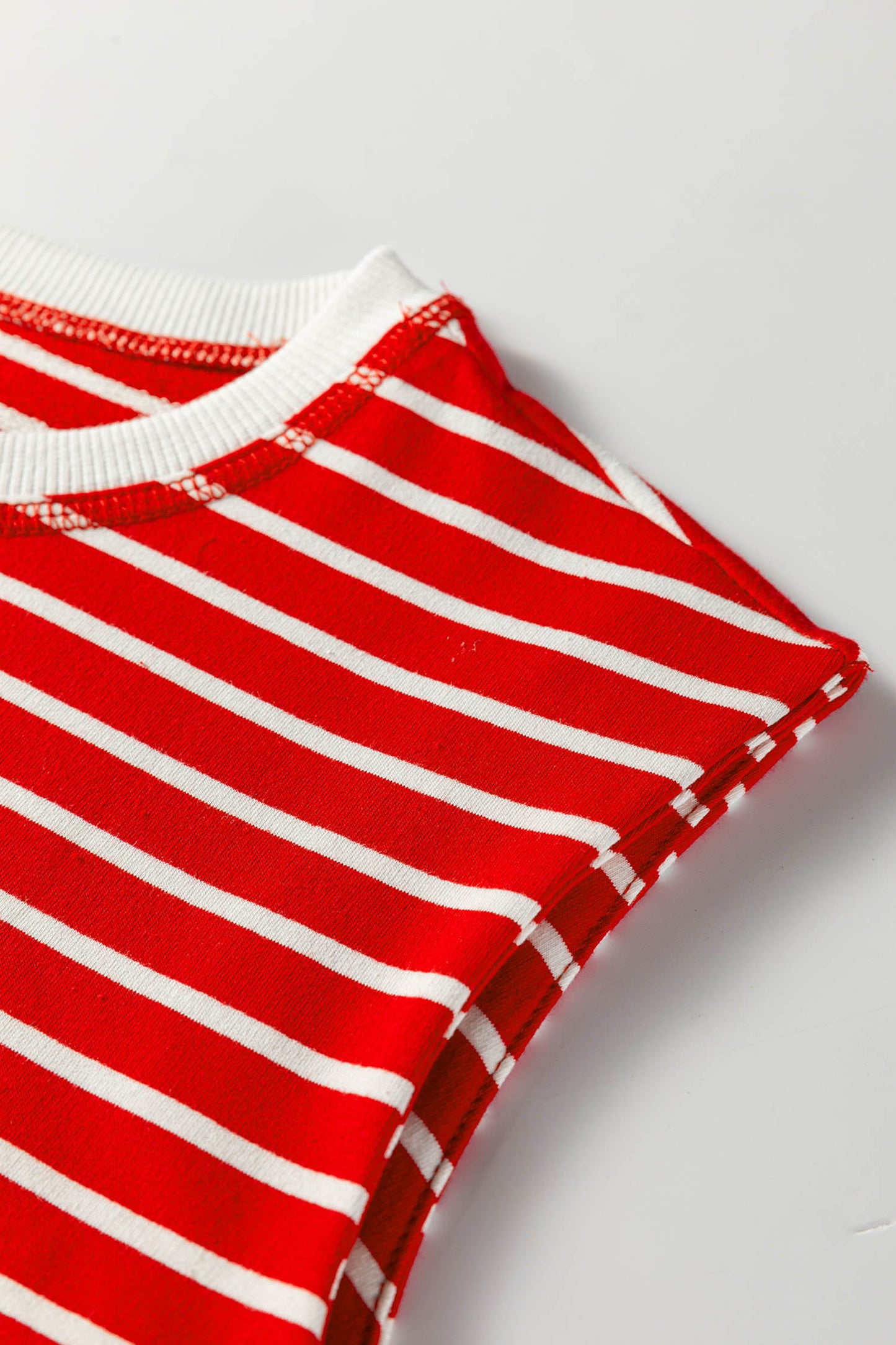 Stripe Ribbed Round Neck Trim Loose Tank Top