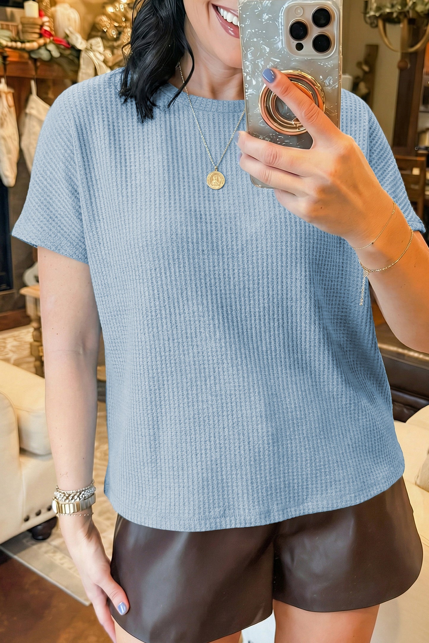 Short Sleeve Waffle Knit Oversized Casual Top