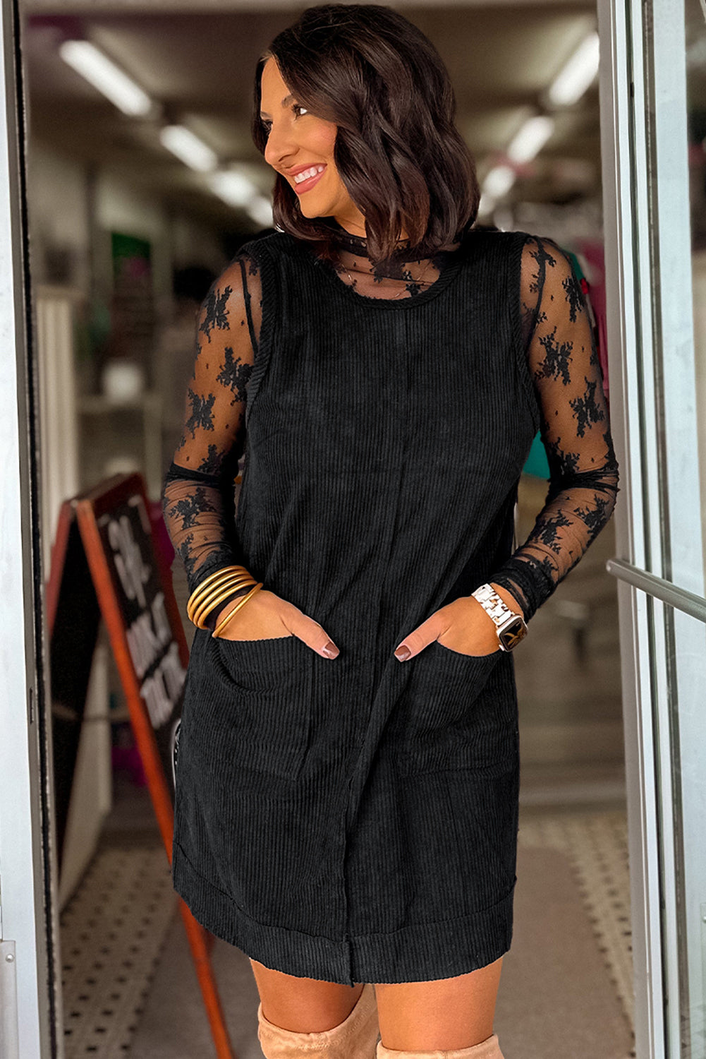 Black Exposed Seam Corduroy Mini Dress