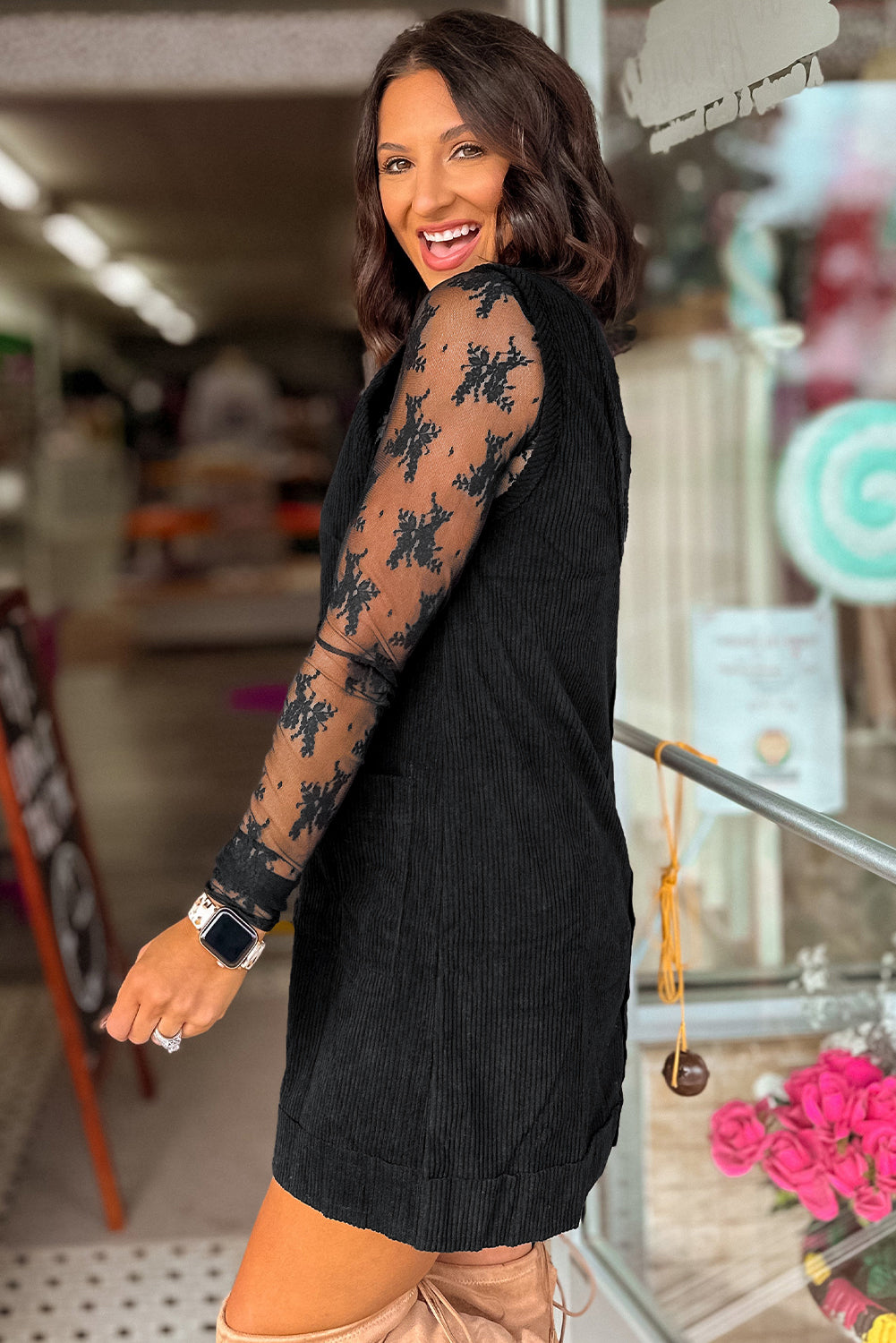 Black Exposed Seam Corduroy Mini Dress