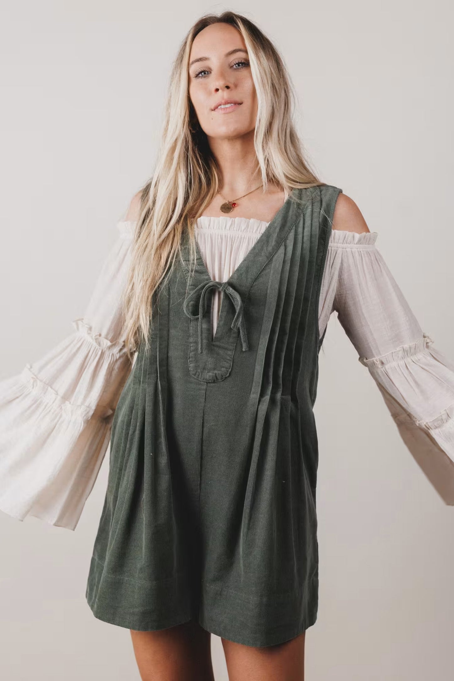 Corduroy Tie Neck Romper