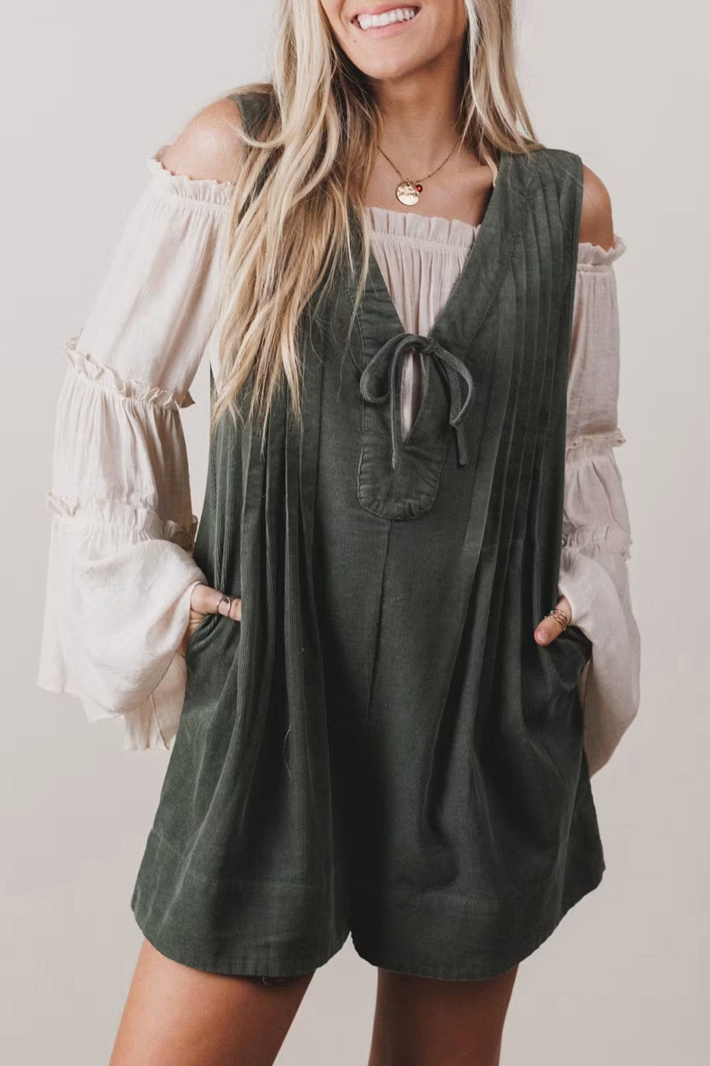 Corduroy Tie Neck Romper