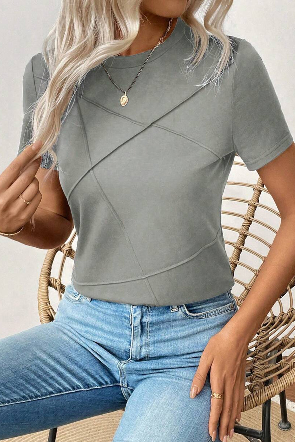 Modern Grey Solid Color Round Neck T Shirt