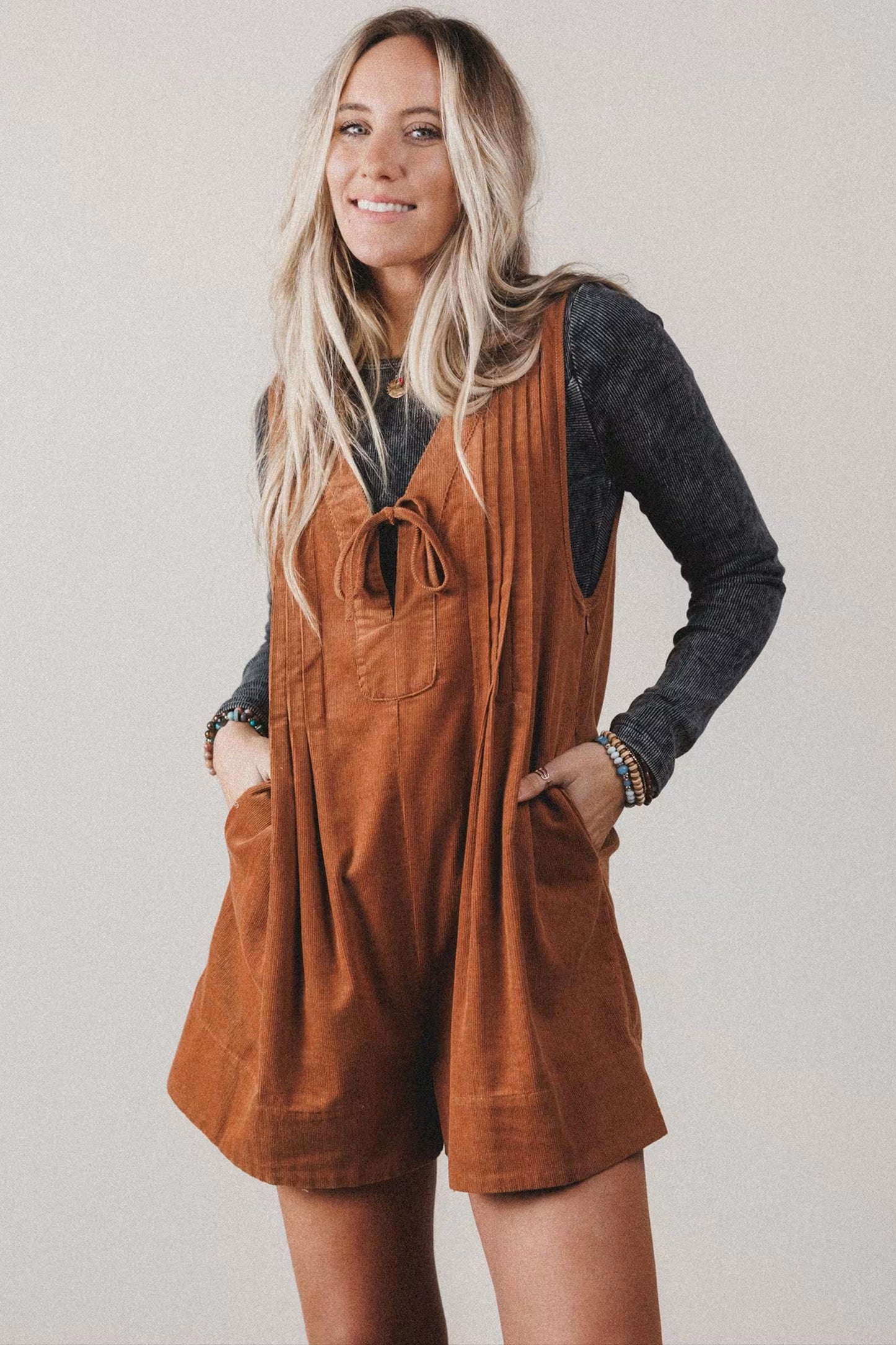 Corduroy Tie Neck Romper