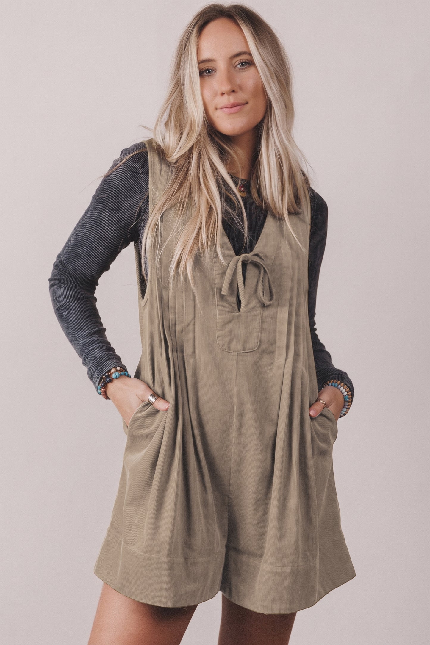 Corduroy Tie Neck Romper