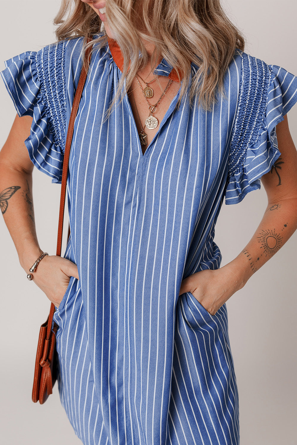 Sky Blue Stripe Ruffle Sleeve Dress