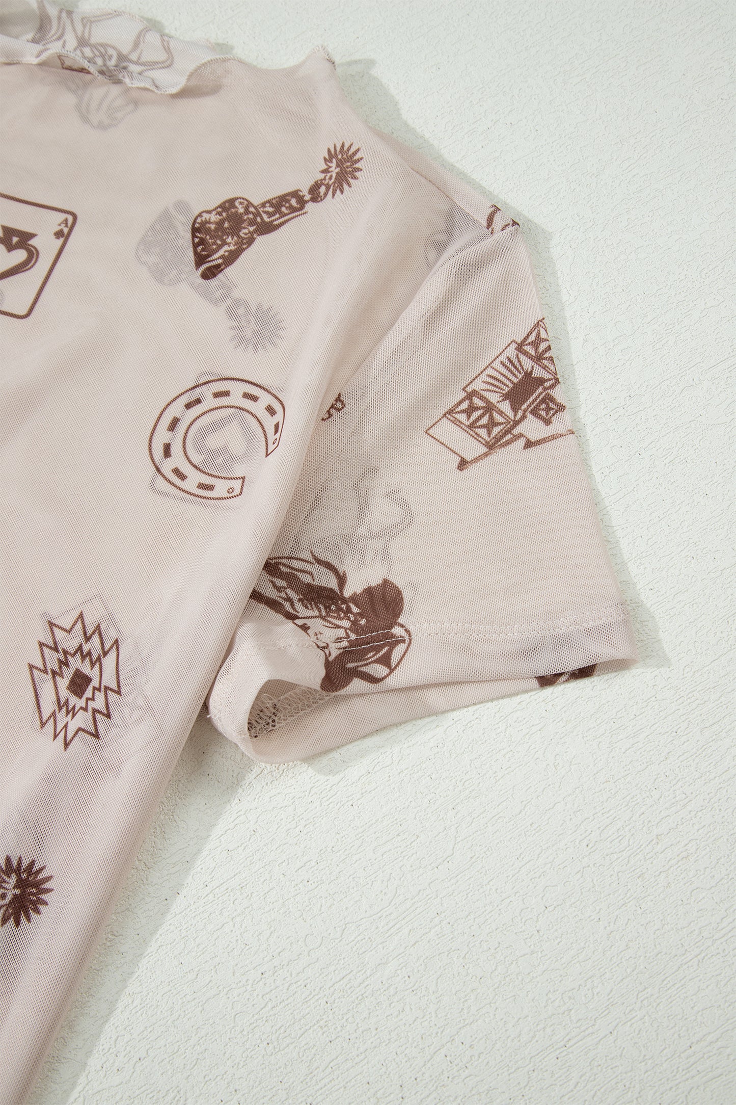 Oatmeal Western Print Mesh Top