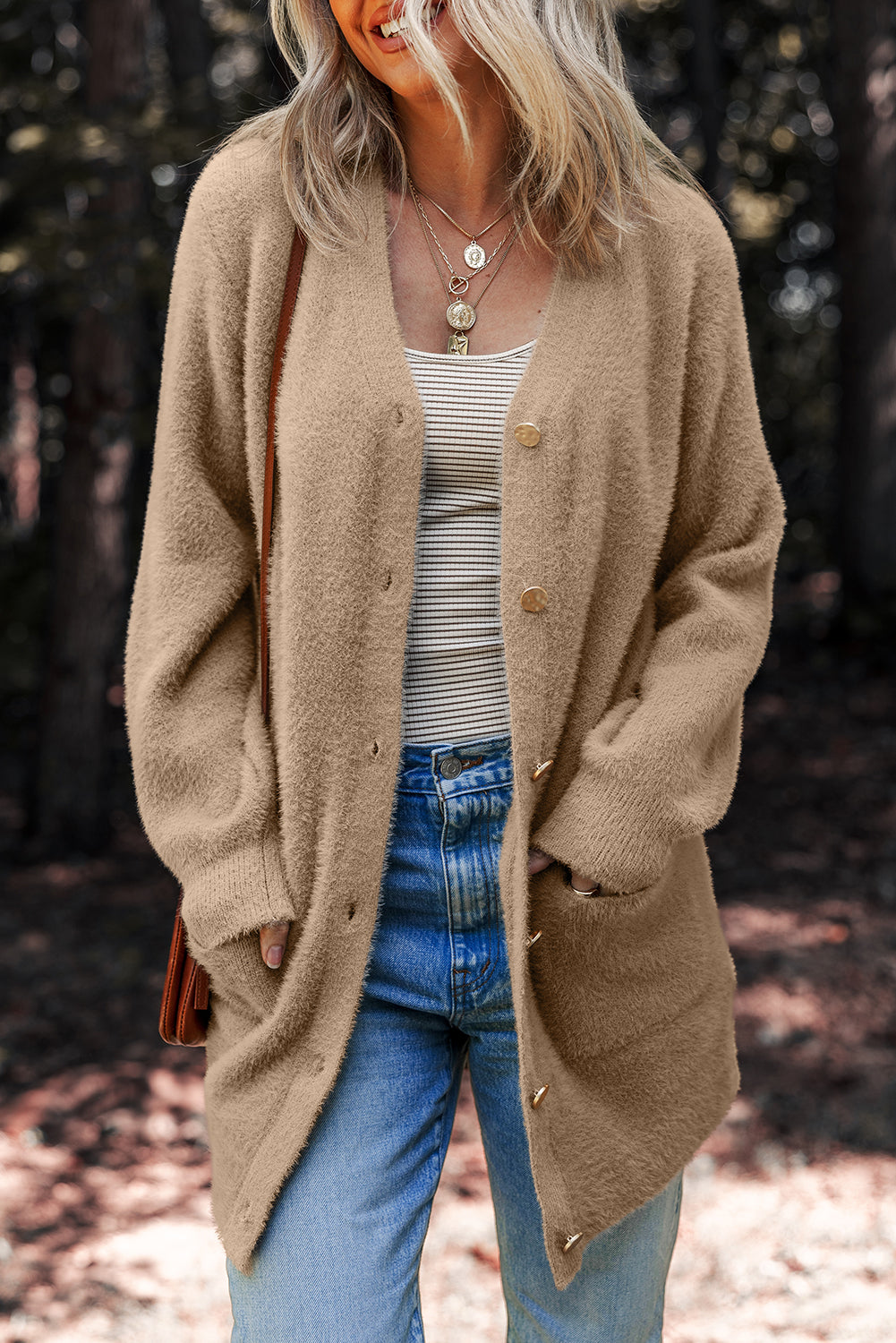 White Fuzzy Button-Front Midi Cardigan