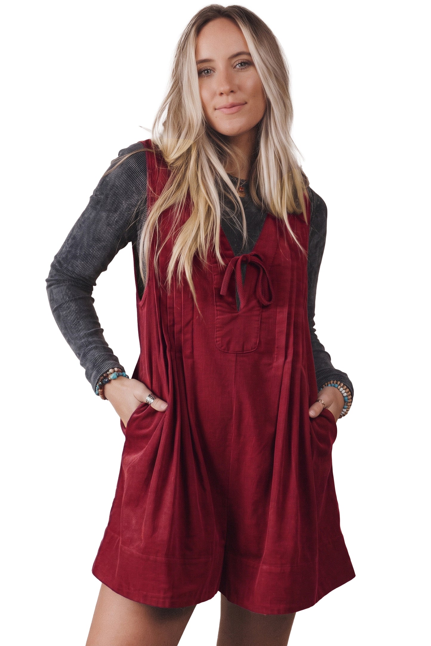 Corduroy Tie Neck Romper