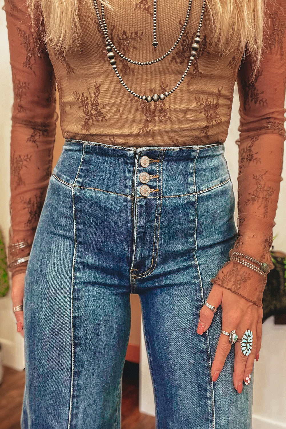 High Waist Button Fly Raw Hem  Jeans