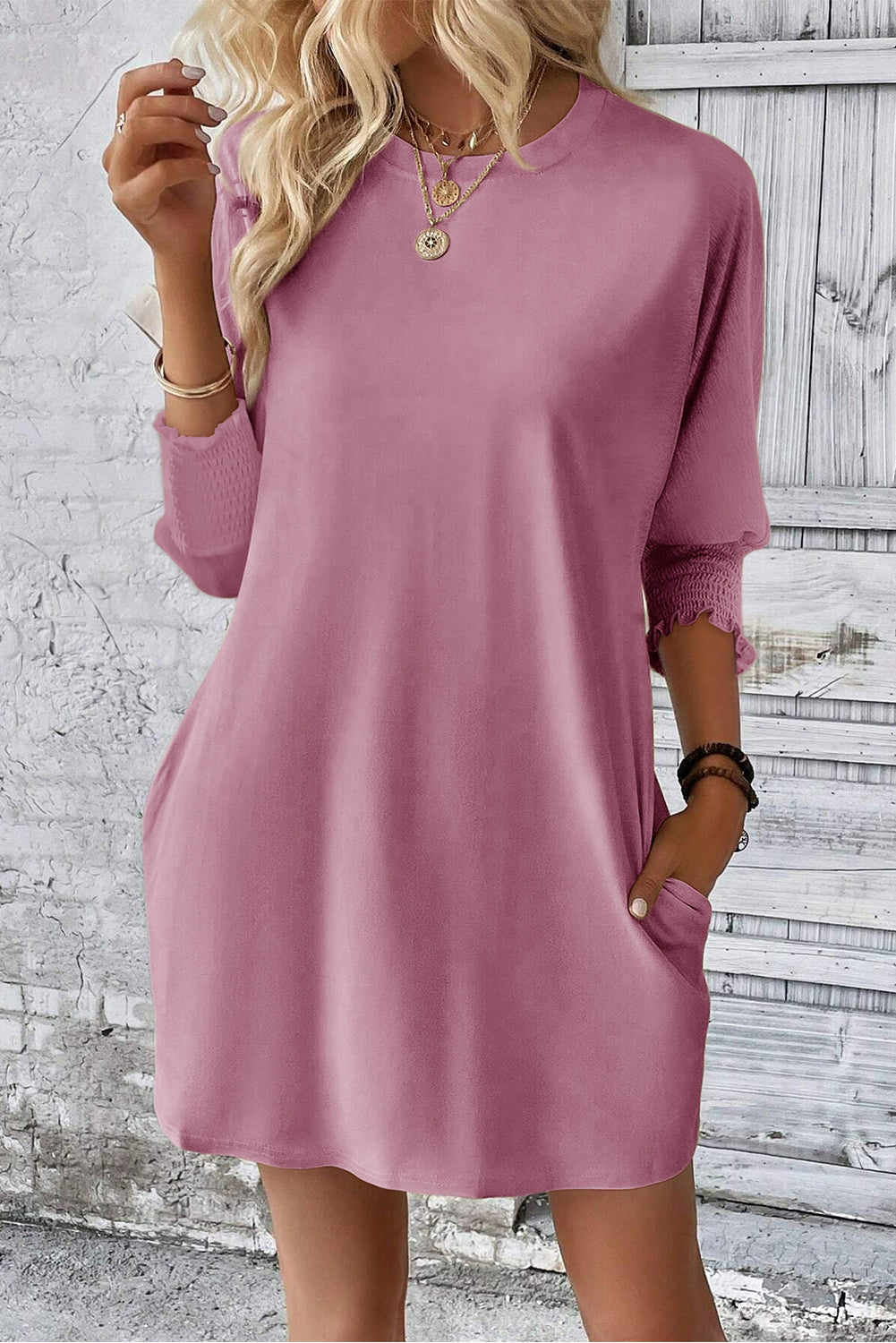 Pink Shirred Cuff T-Shirt Dress