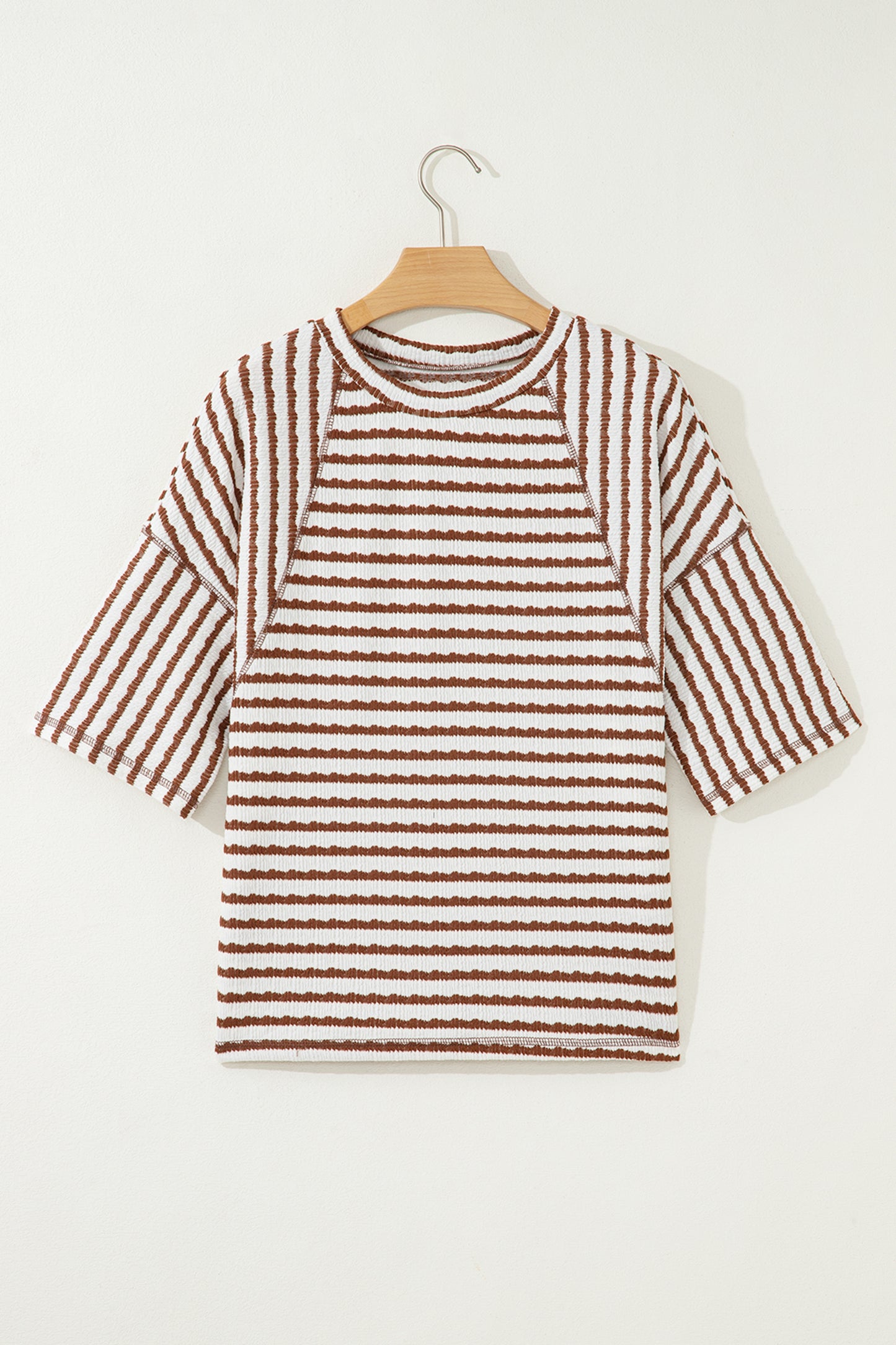 Brown Stripe Textured Knit Split Hem Top