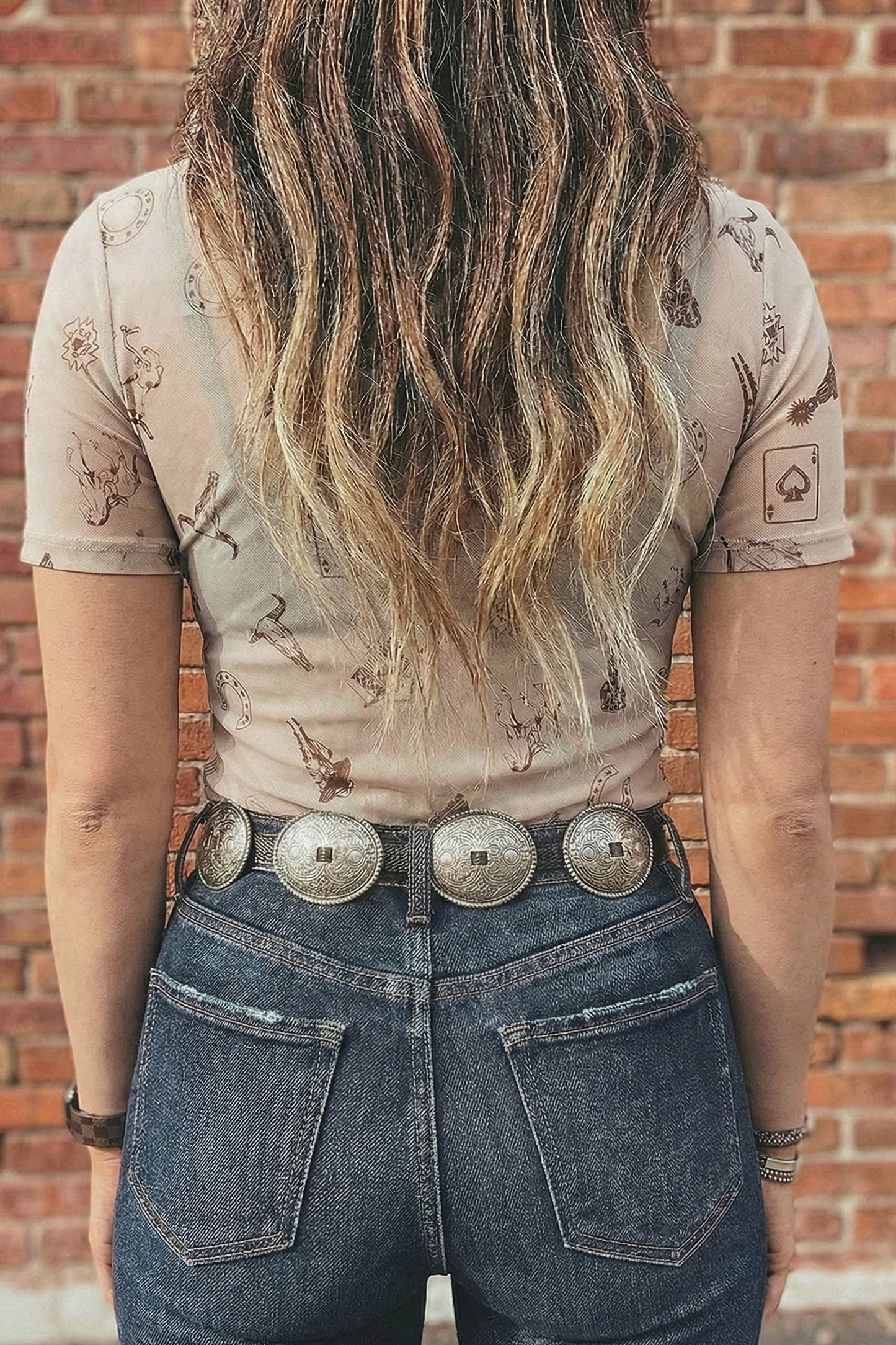Oatmeal Western Print Mesh Top