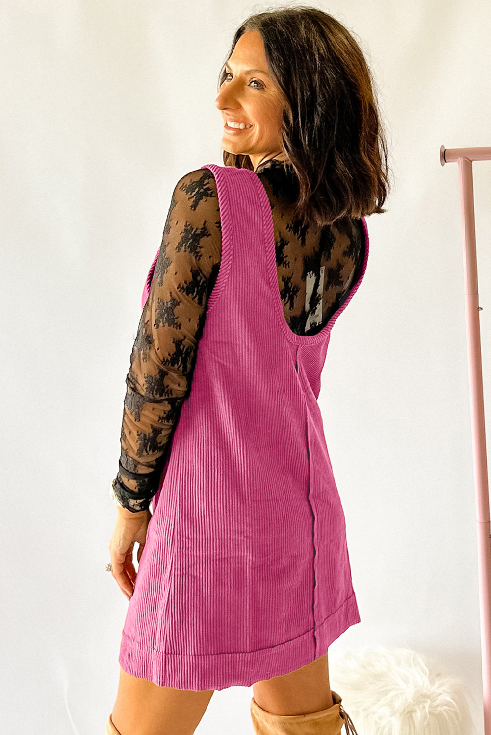 Black Exposed Seam Corduroy Mini Dress