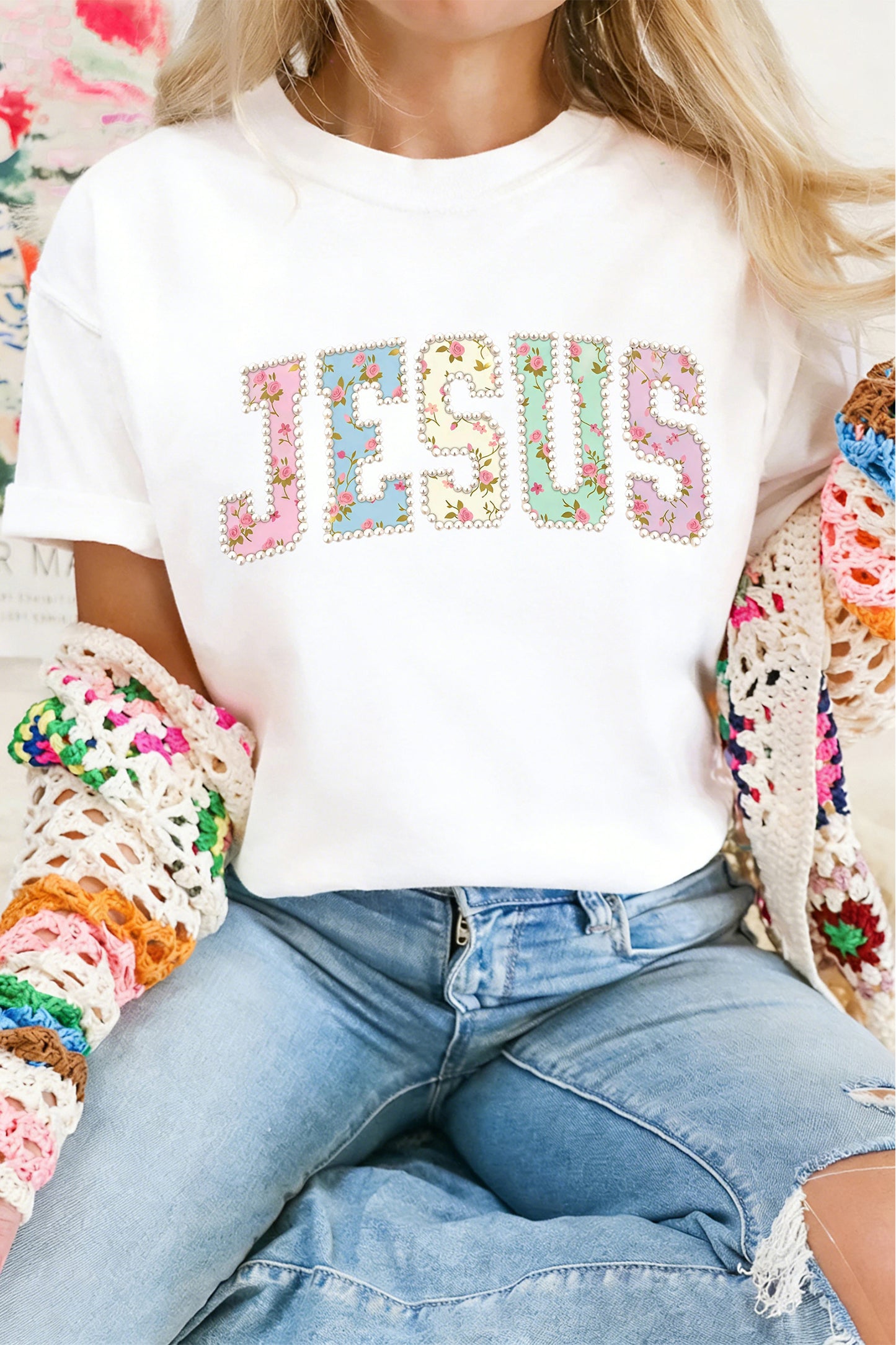 JESUS Floral Printed Letter Graphic Tee