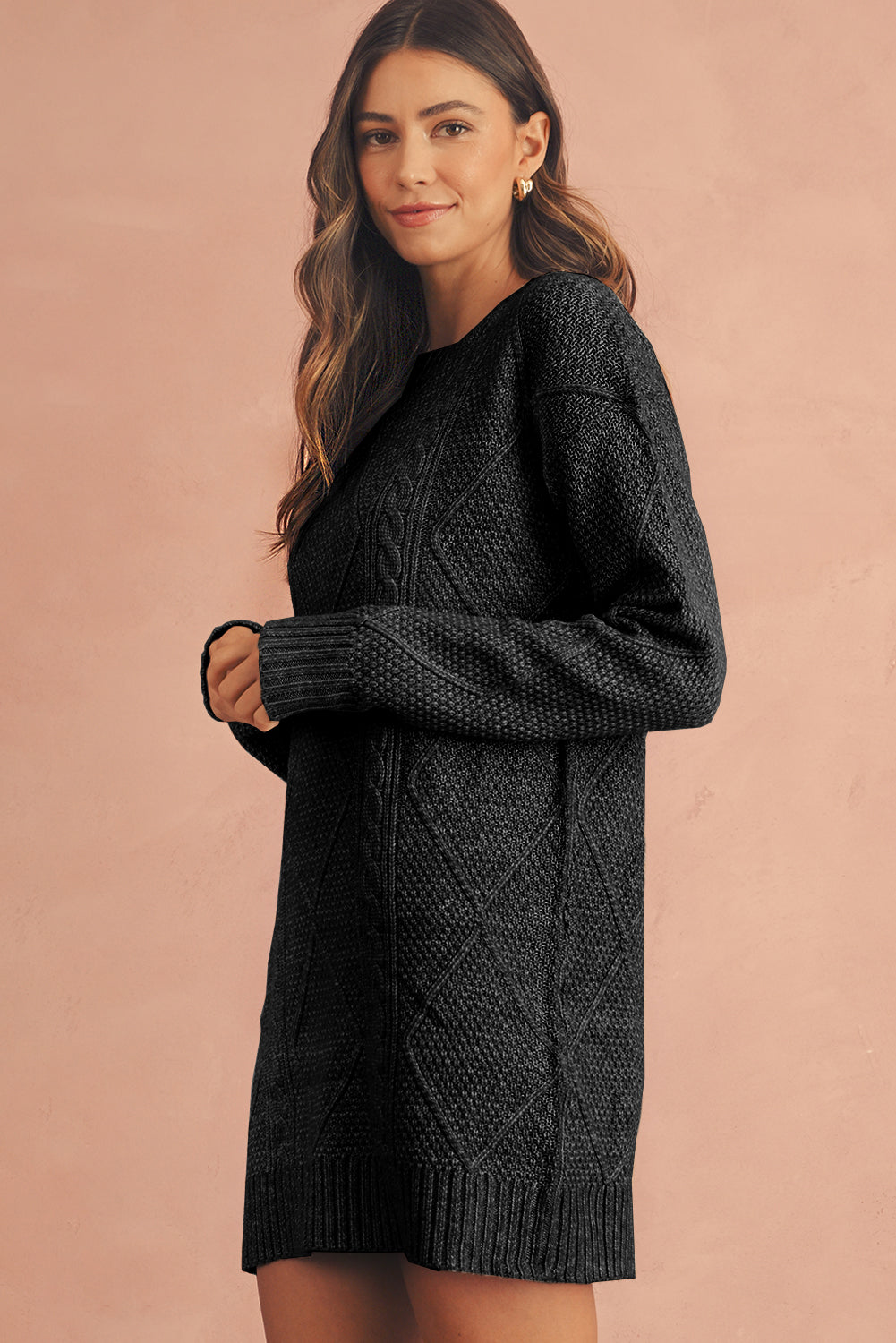 Cable Knit Drop-Shoulder Sweater Dress