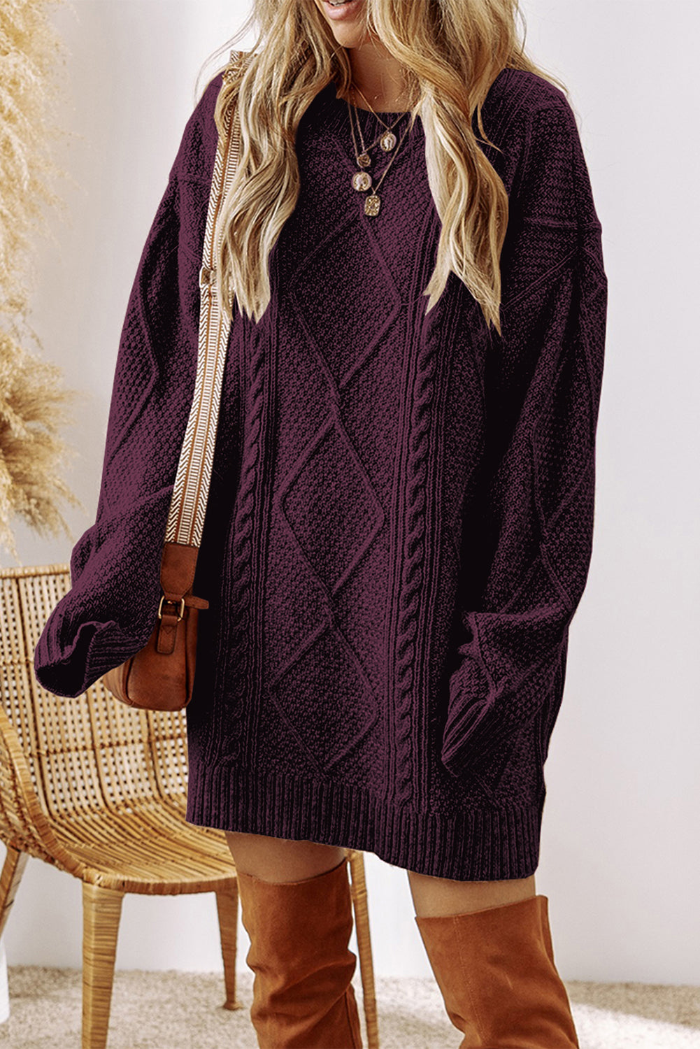 Cable Knit Drop-Shoulder Sweater Dress