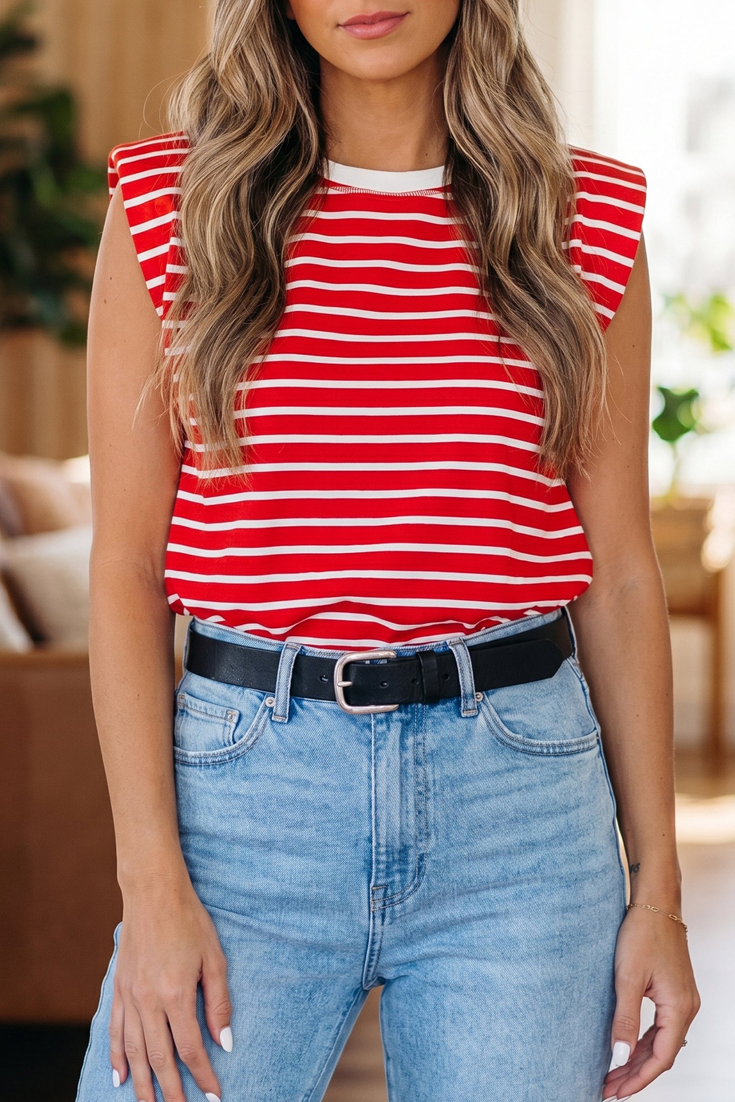 Stripe Ribbed Round Neck Trim Loose Tank Top