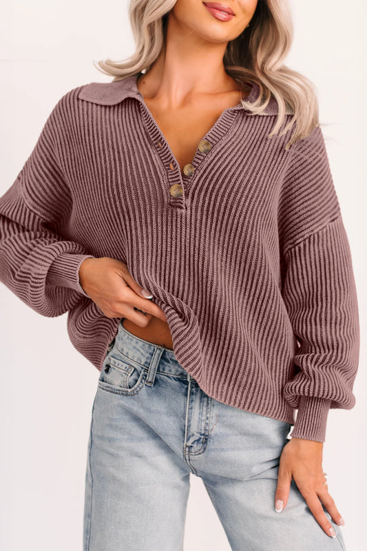 Dark Brown Mineral-Wash Collared Knit Sweater