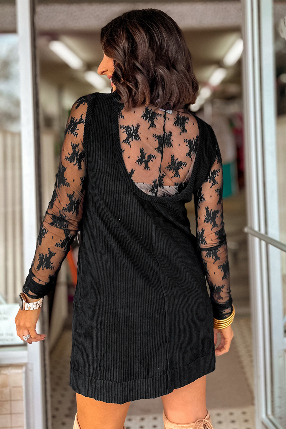 Black Exposed Seam Corduroy Mini Dress