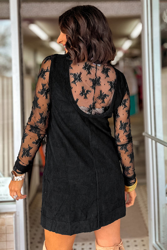Black Exposed Seam Corduroy Mini Dress