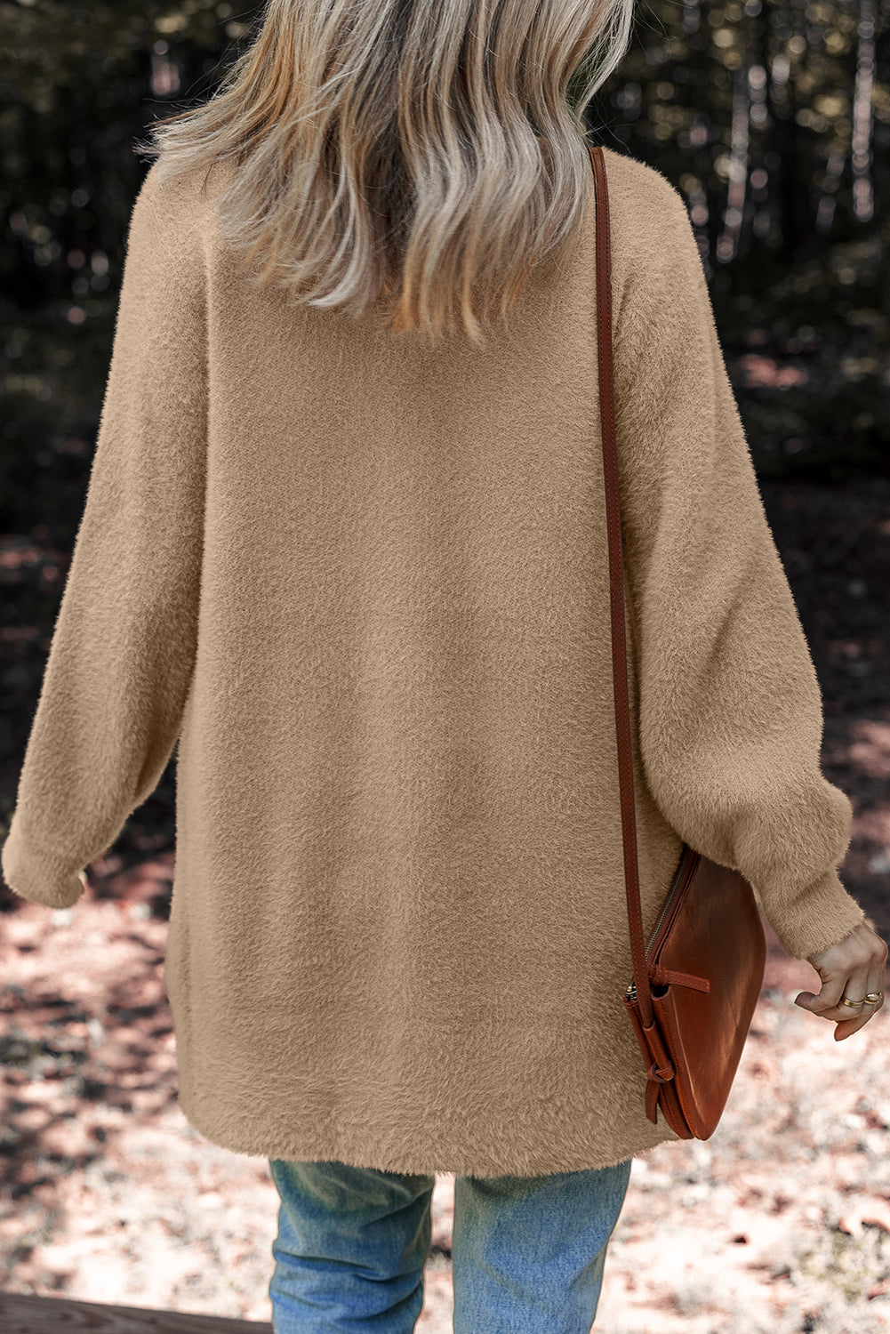 White Fuzzy Button-Front Midi Cardigan