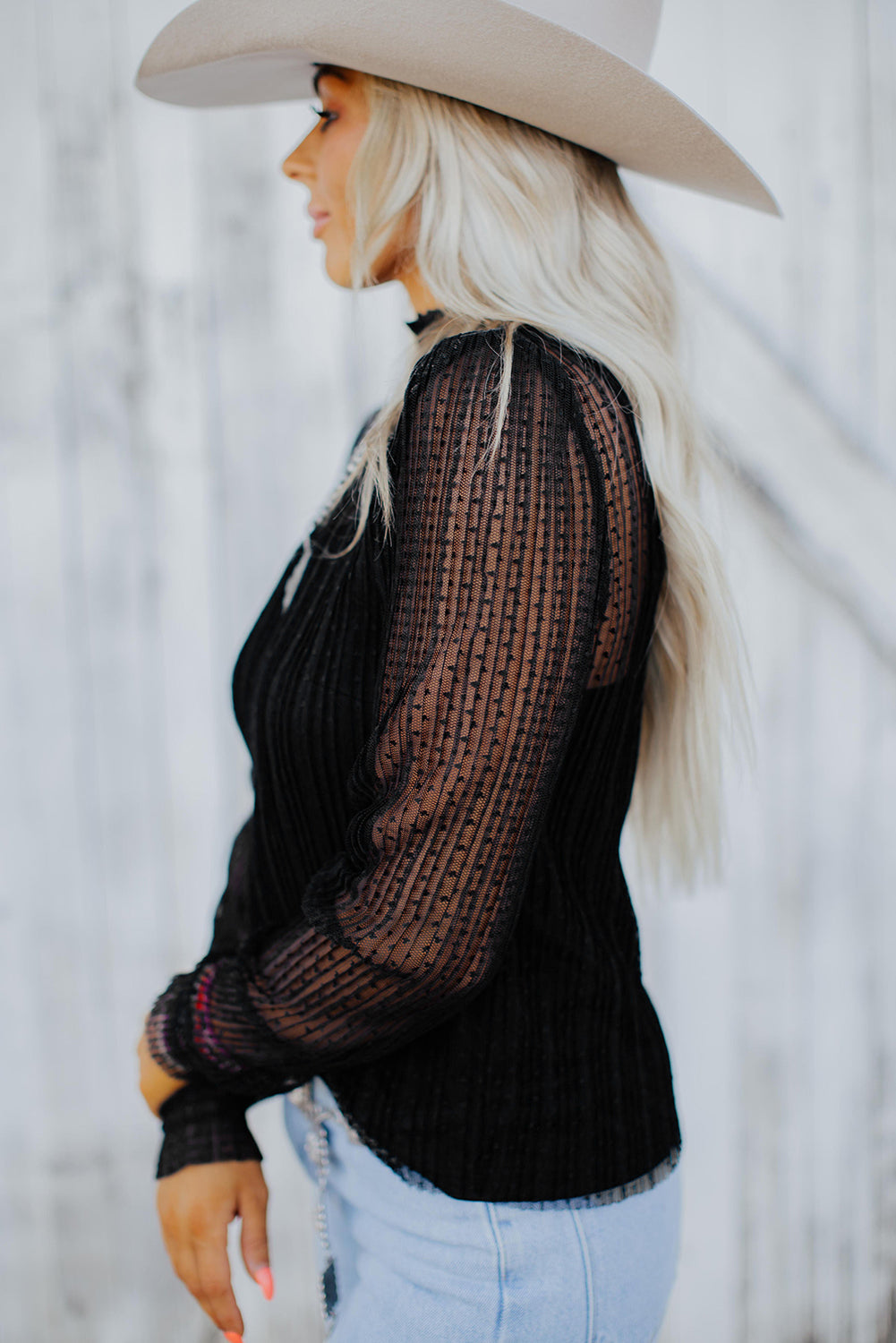 Black Dotted Lace Mock Neck Top
