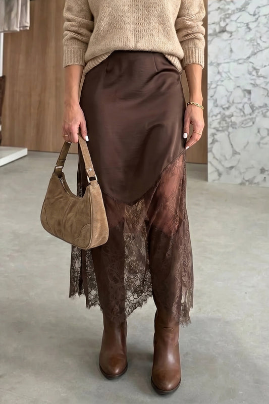 Dark Brown Lace Hem Maxi Skirt
