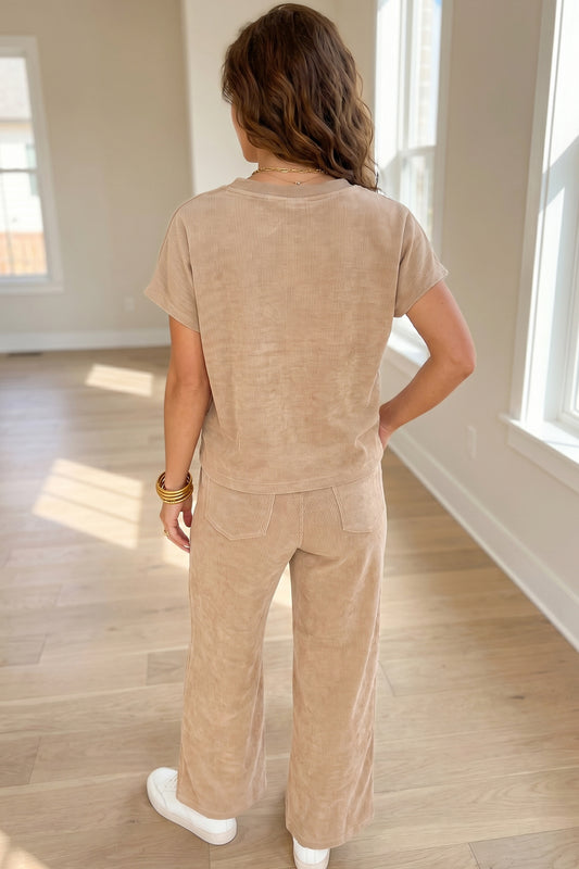 Light French Beige Ribbed Top & Wide-Leg Pants Set