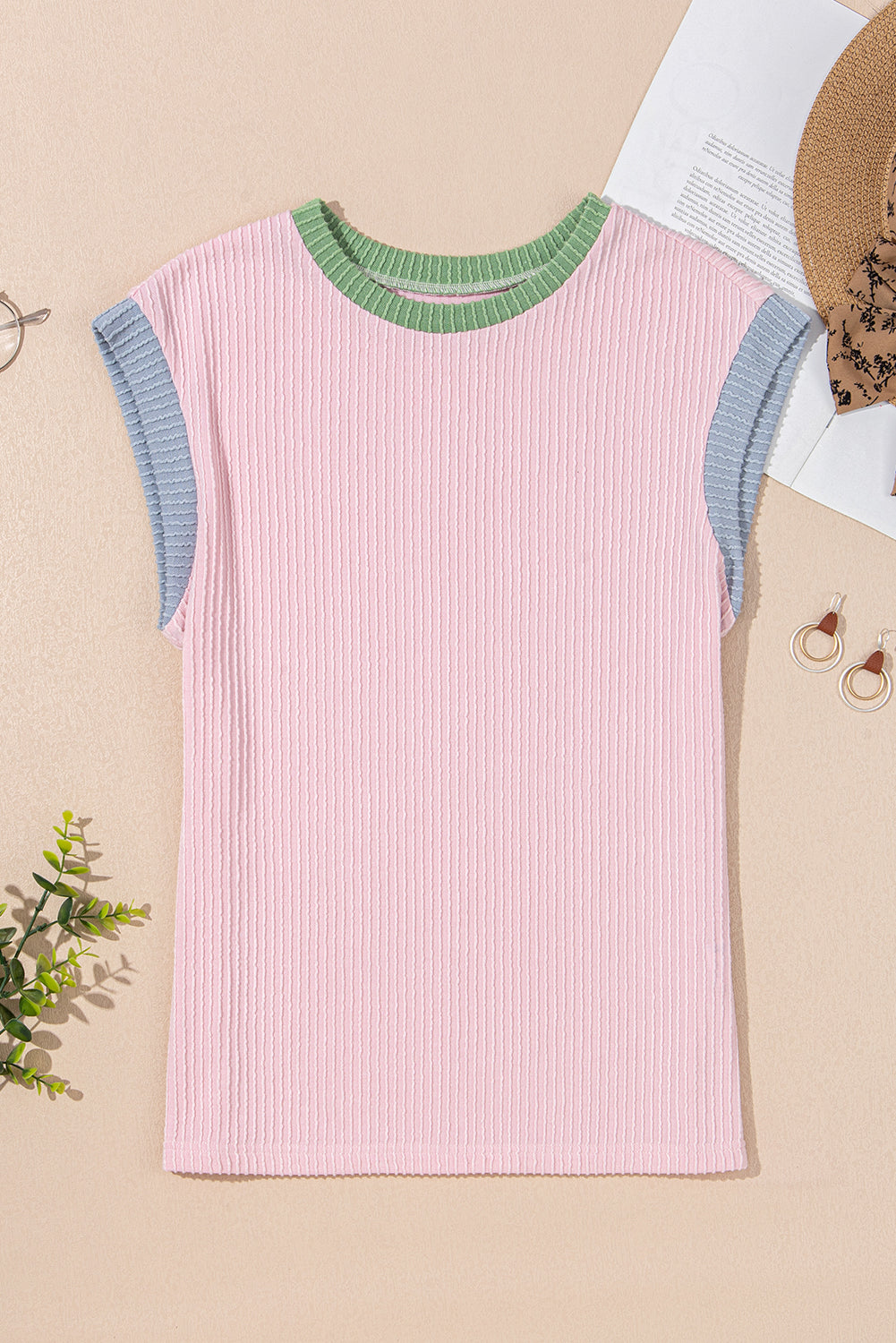 Corded Knit Colorblock Cap Sleeve Top