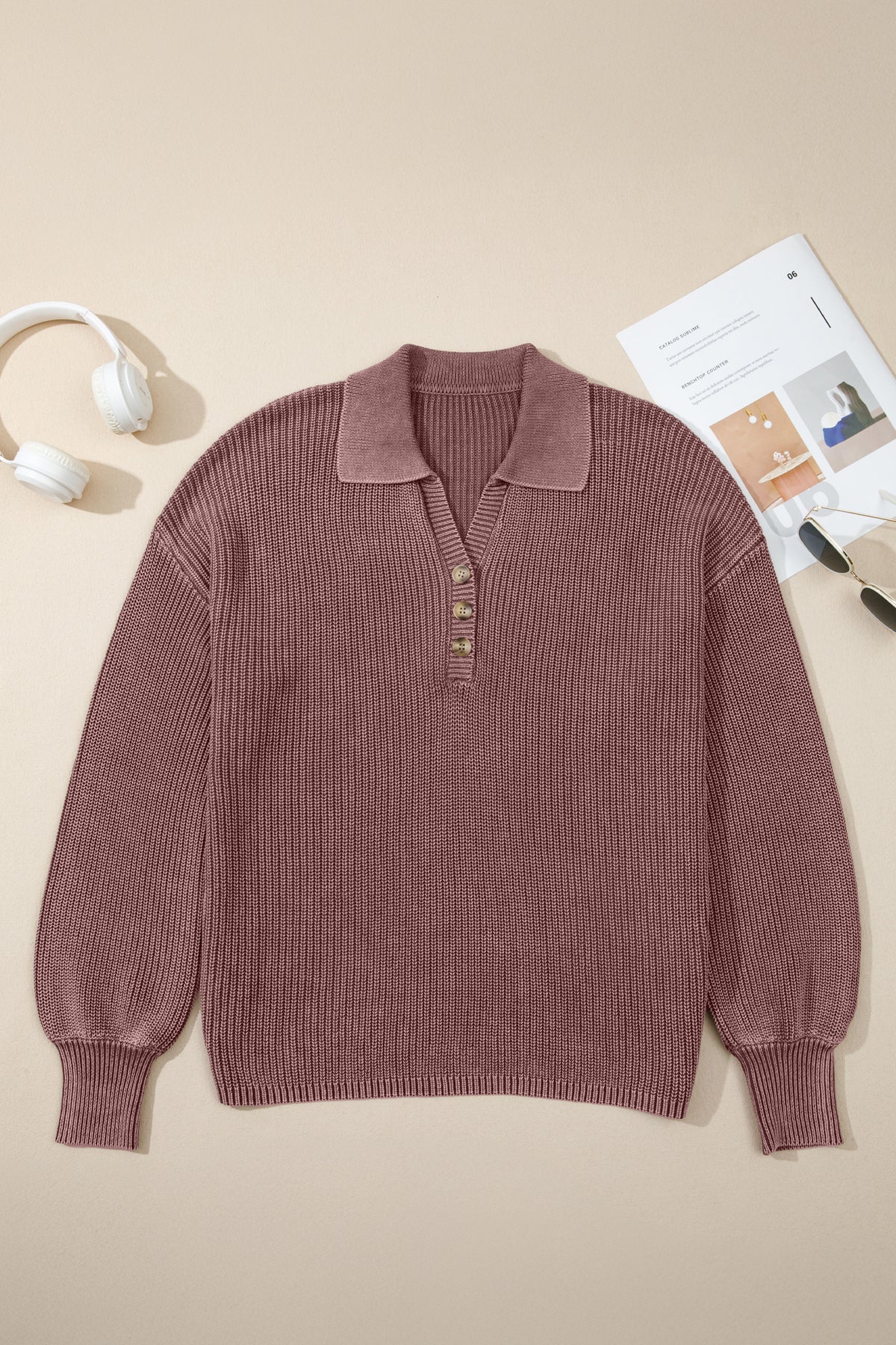 Dark Brown Mineral-Wash Collared Knit Sweater