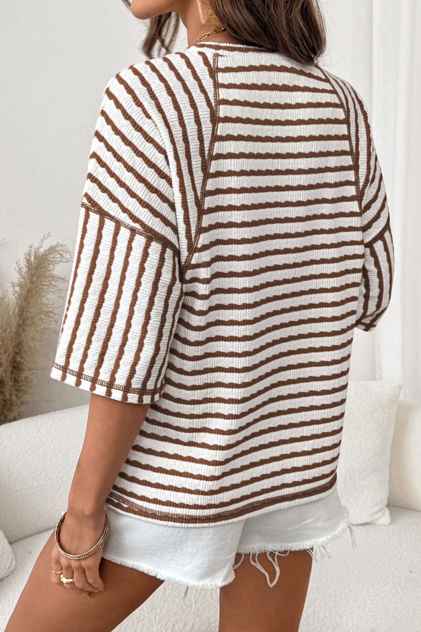 Brown Stripe Textured Knit Split Hem Top