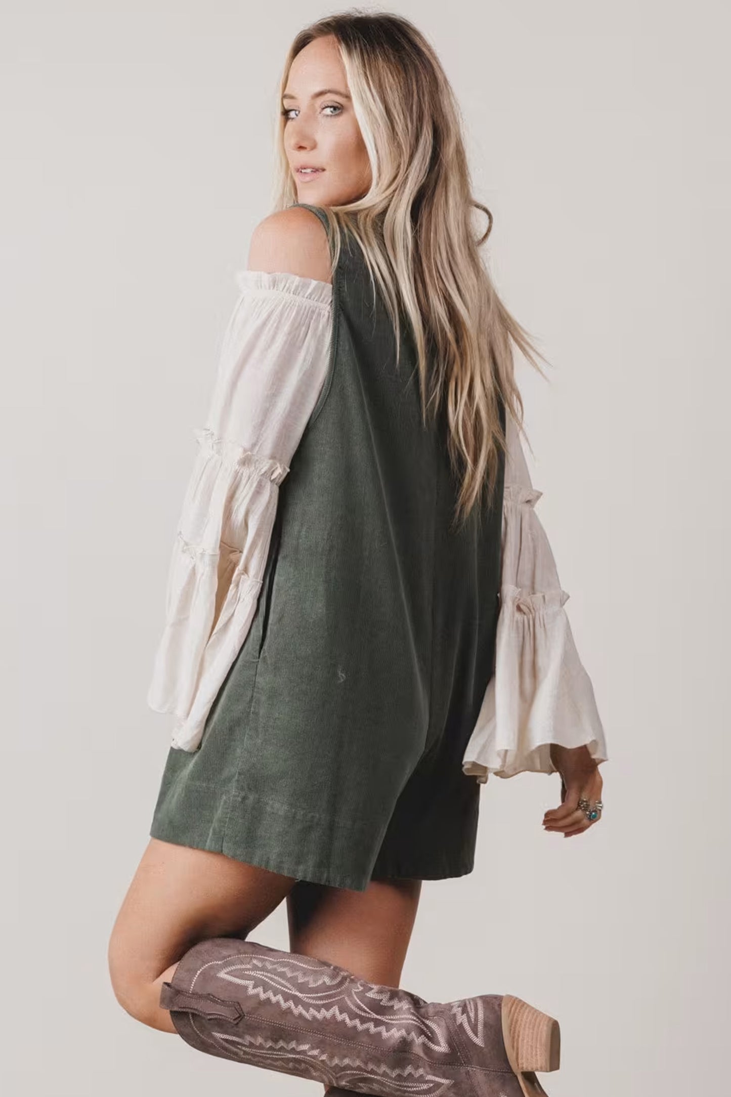 Corduroy Tie Neck Romper