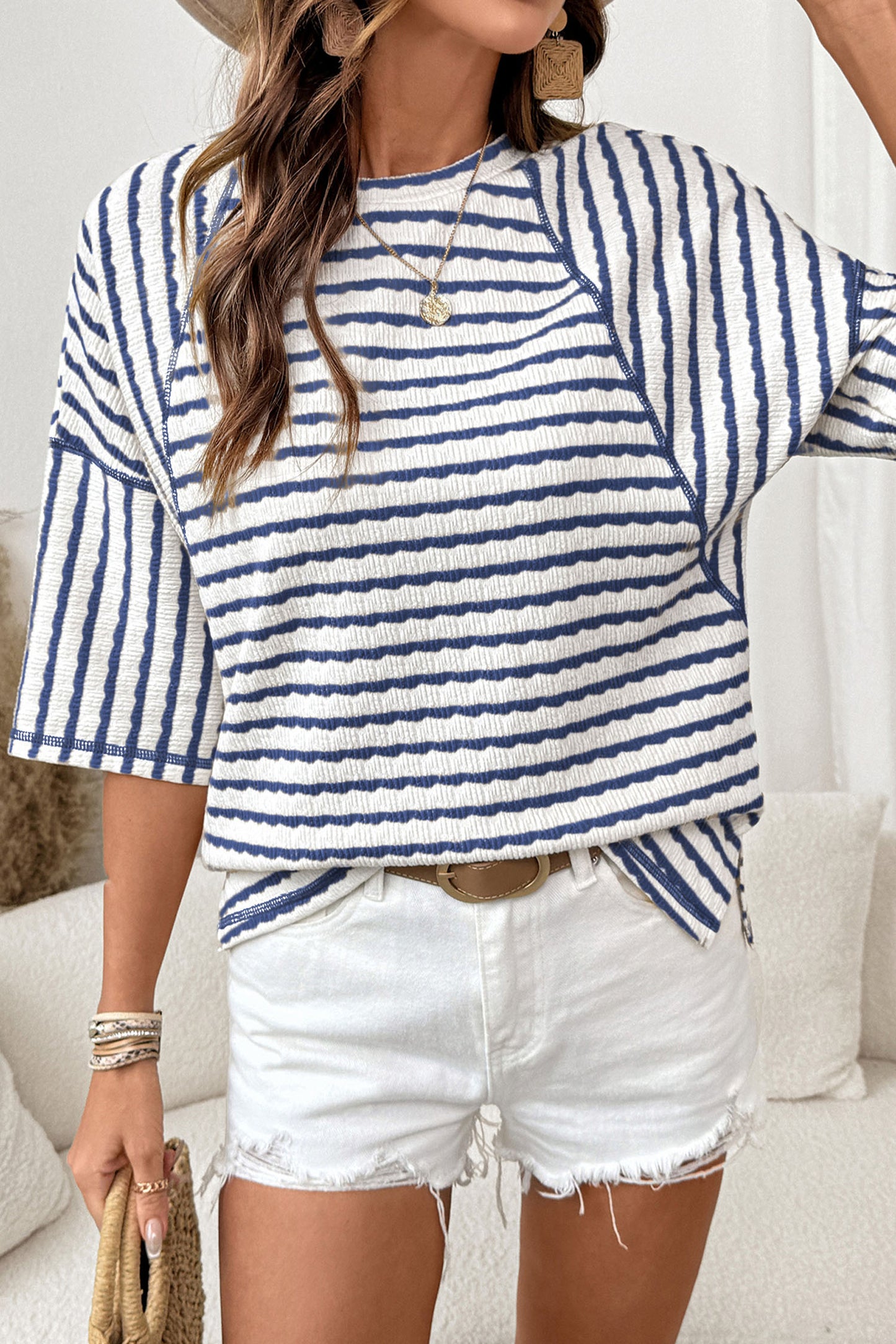 Brown Stripe Textured Knit Split Hem Top