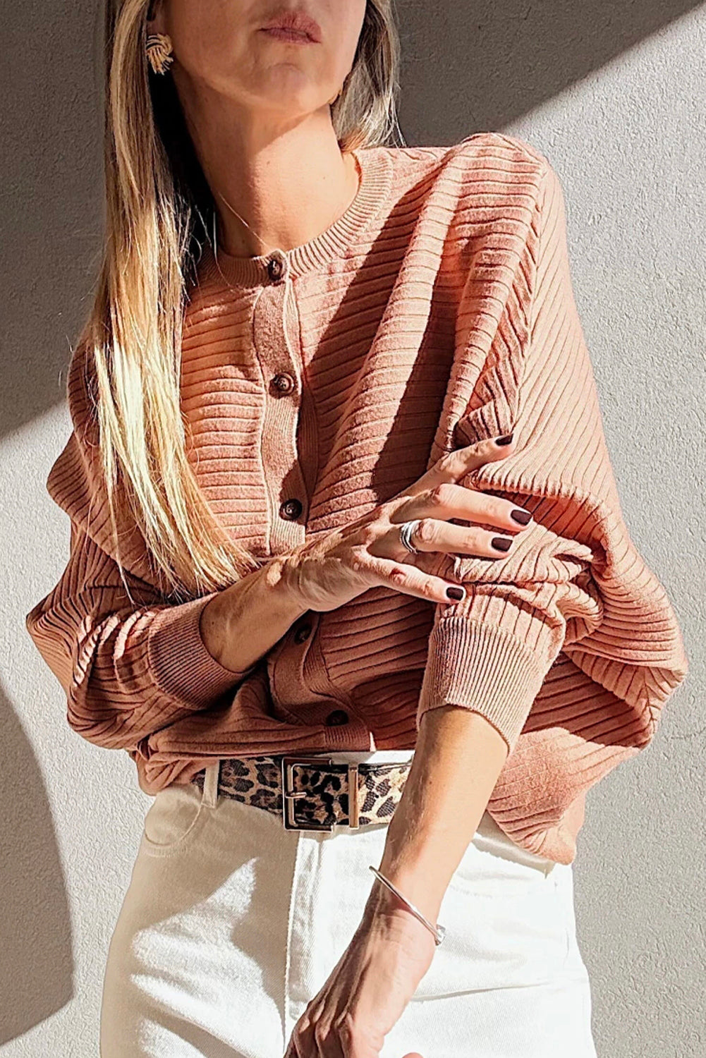 Apricot Pink Rib Knit Dolman Sleeve Cardigan