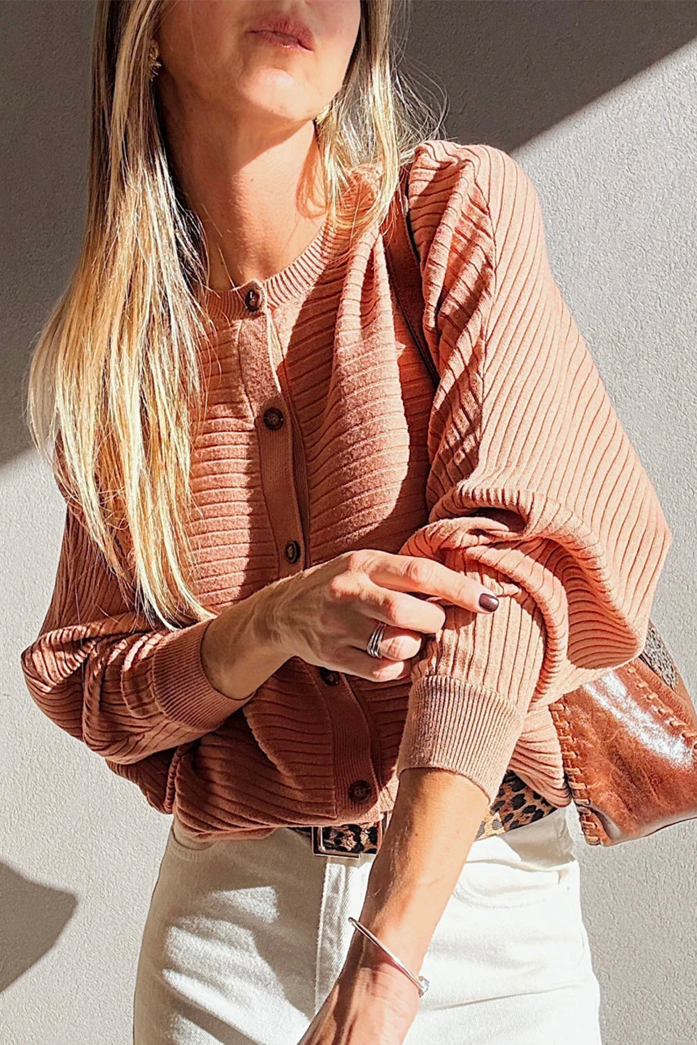 Apricot Pink Rib Knit Dolman Sleeve Cardigan