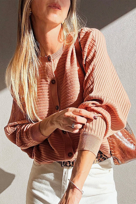 Apricot Pink Rib Knit Dolman Sleeve Cardigan