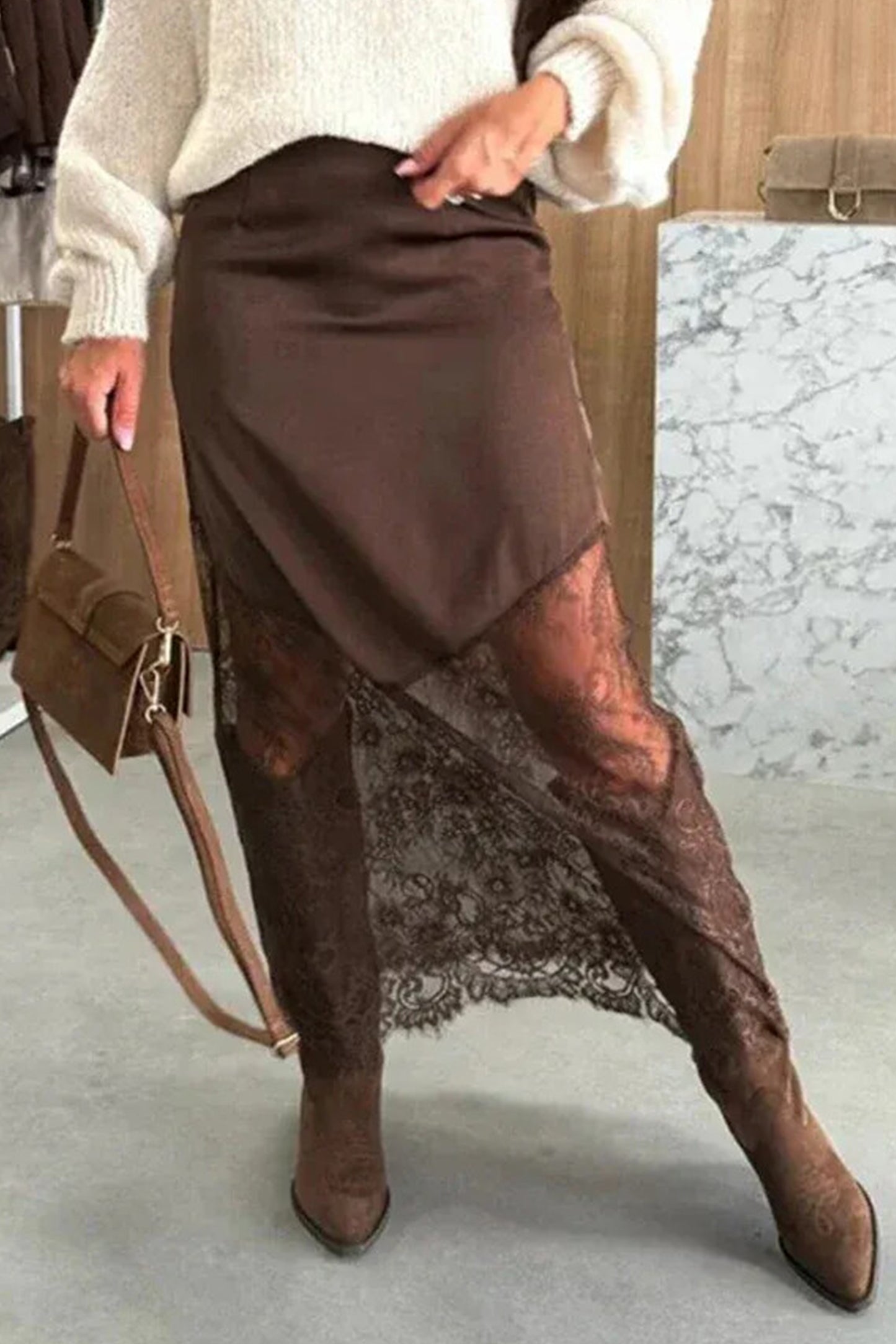 Dark Brown Lace Hem Maxi Skirt
