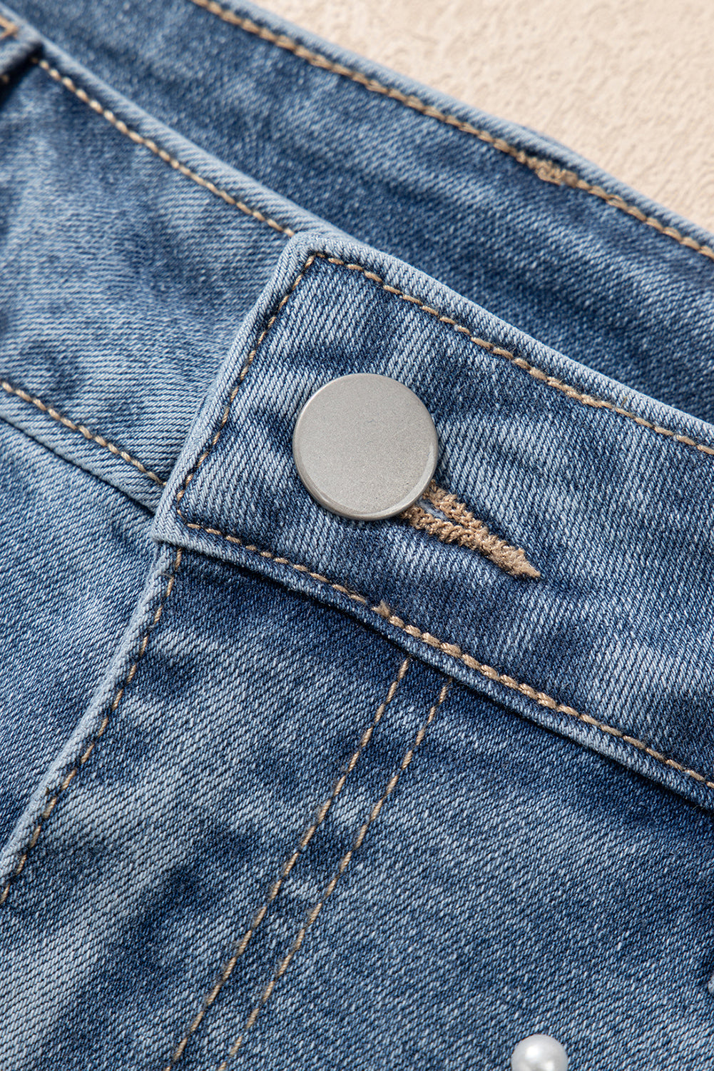 Pearl Embellished Raw Hem Denim Shorts