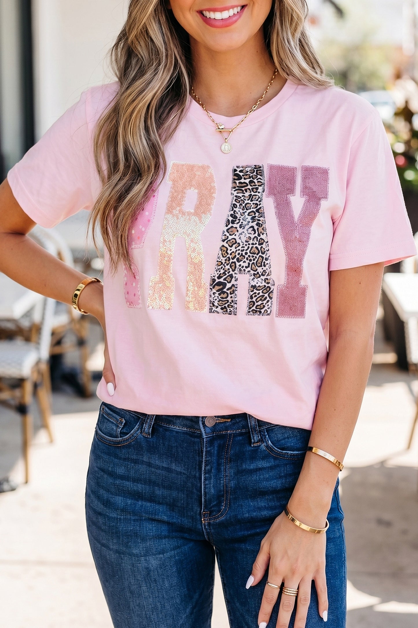 PRAY Sequin Leopard Patch Graphic Tee