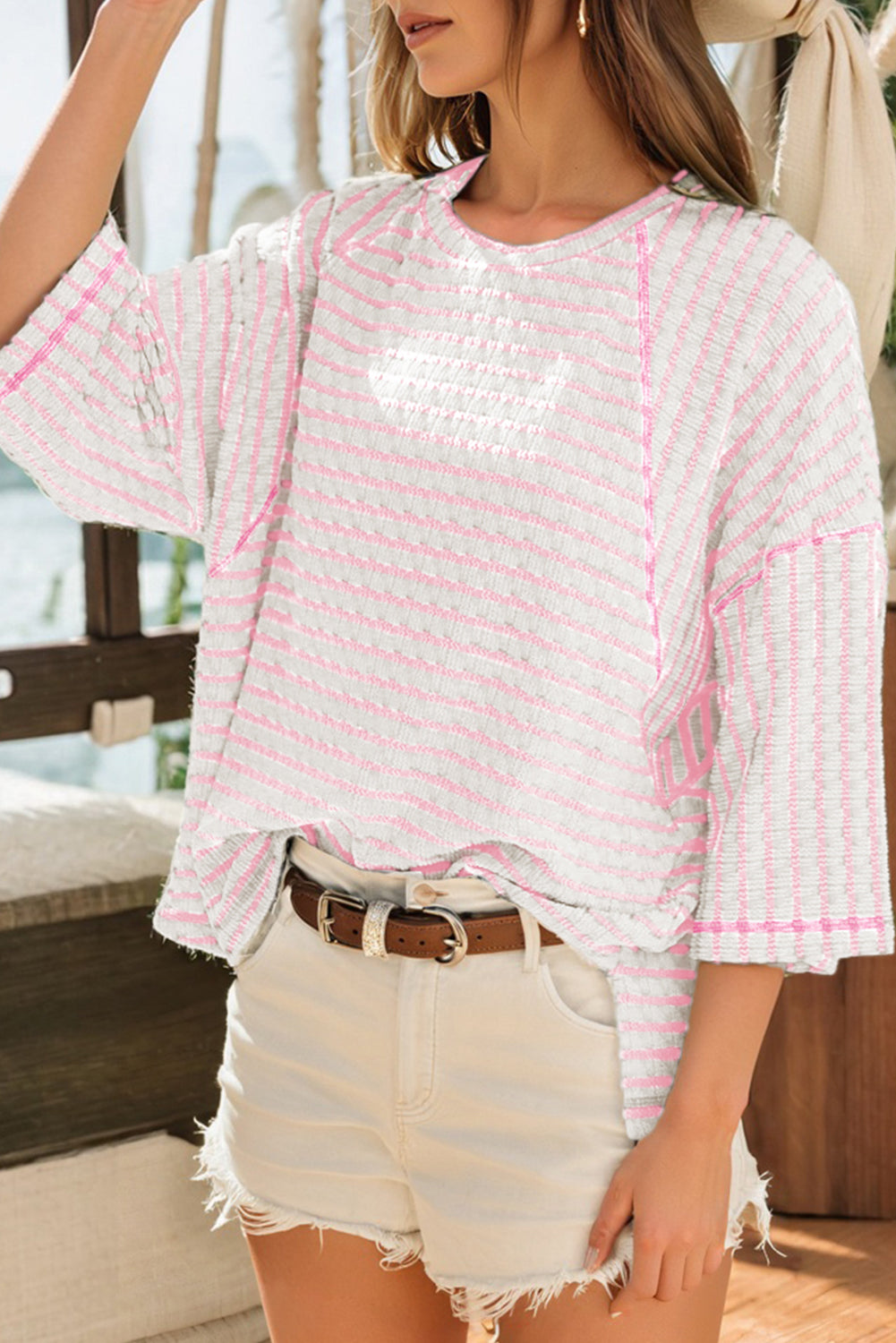 Brown Stripe Textured Knit Split Hem Top