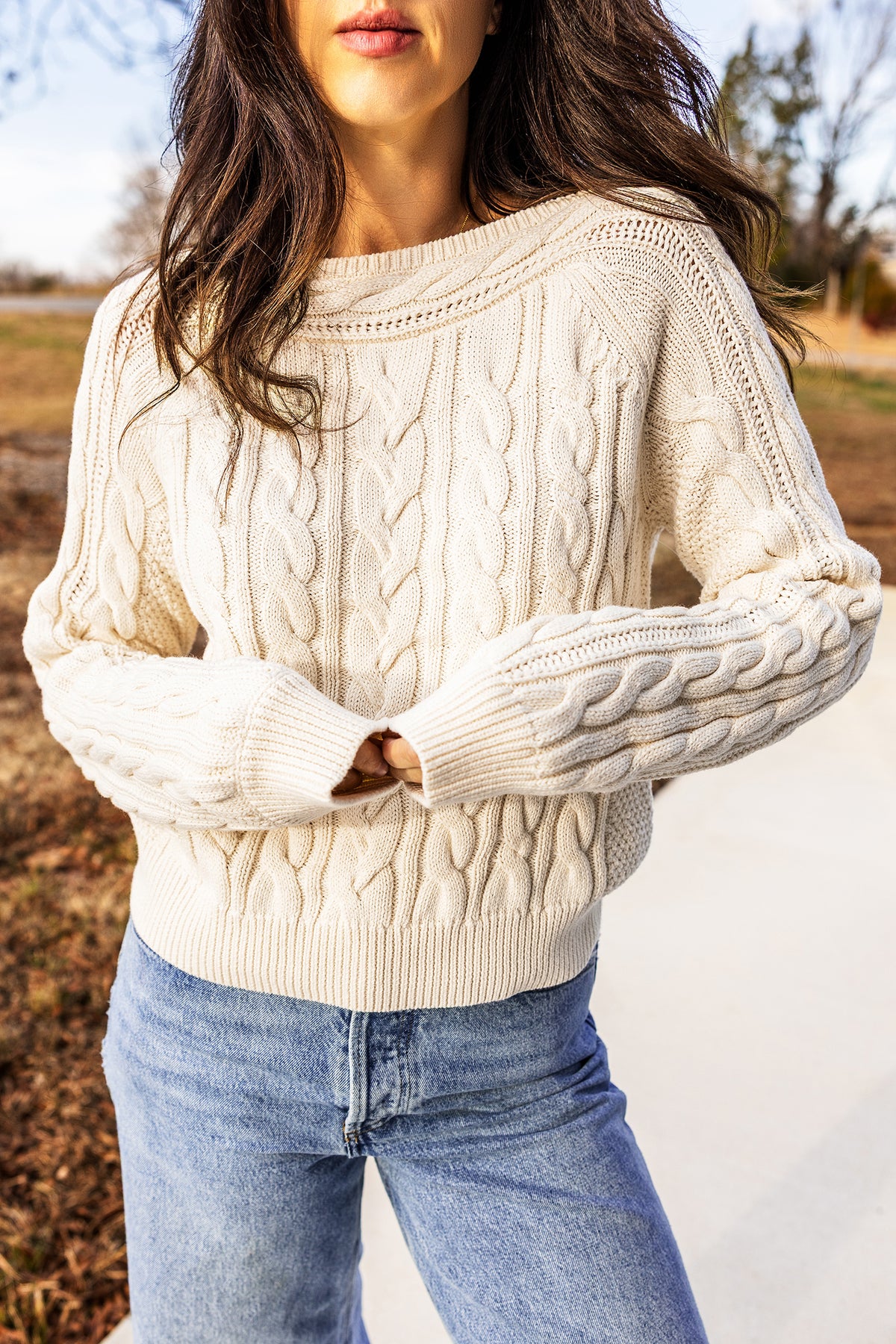 Beige Cable Knit Round-Neck Sweater