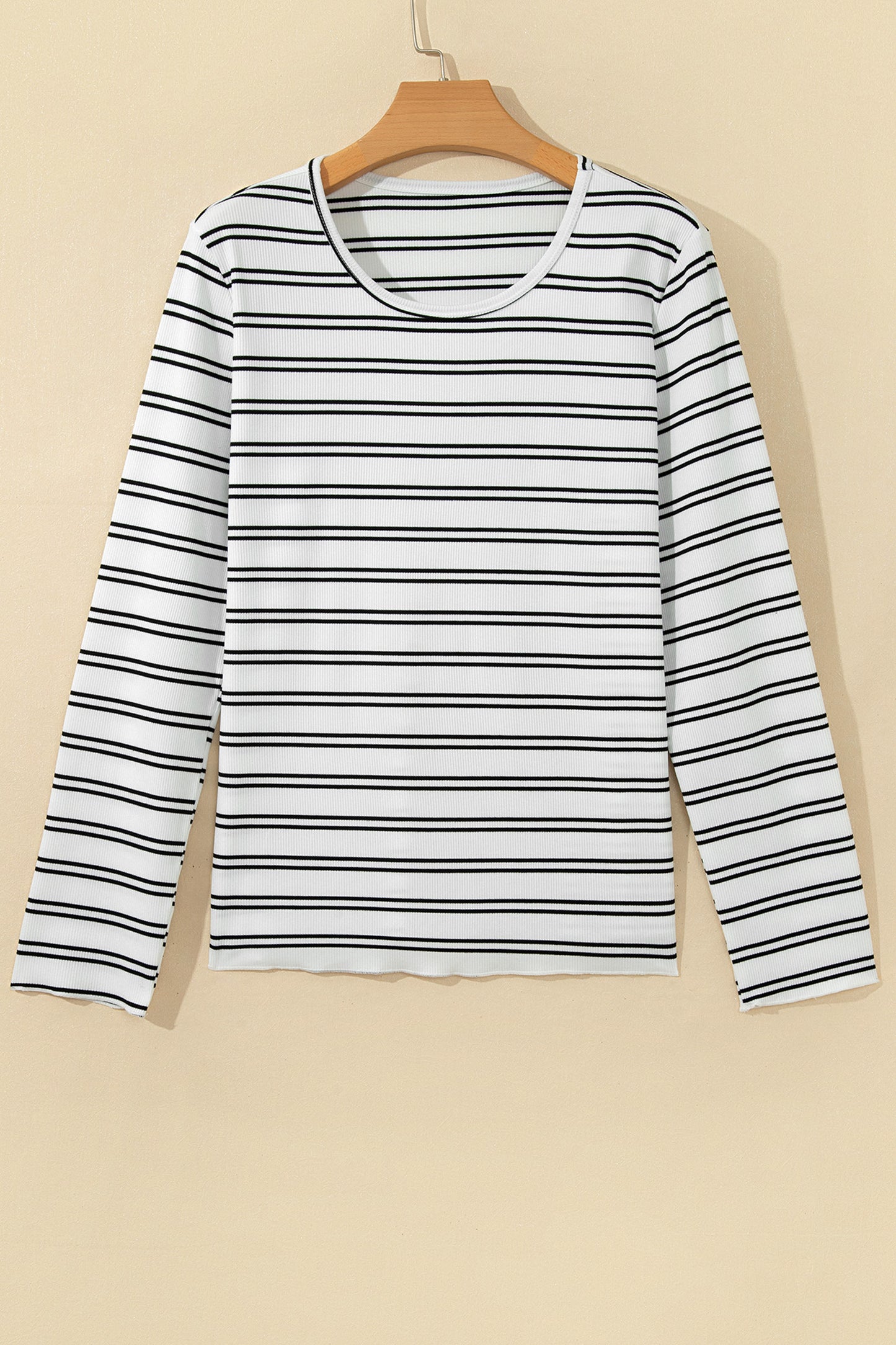 Beige Ribbed Stripe Long Sleeve Top