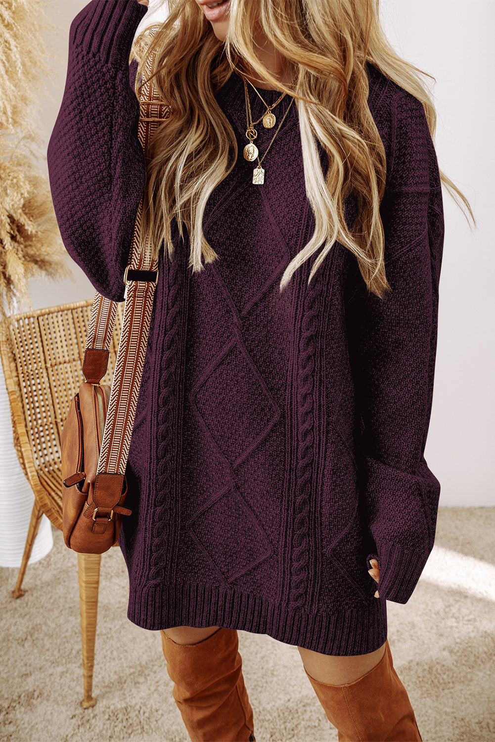 Cable Knit Drop-Shoulder Sweater Dress