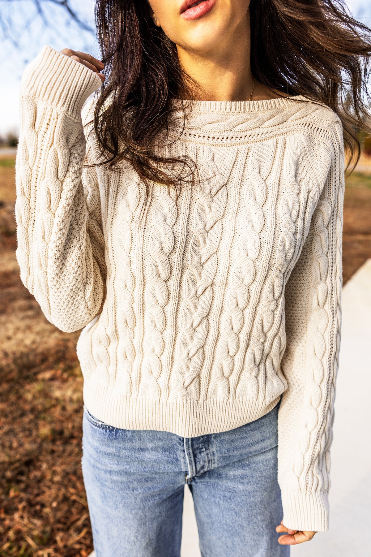 Beige Cable Knit Round-Neck Sweater